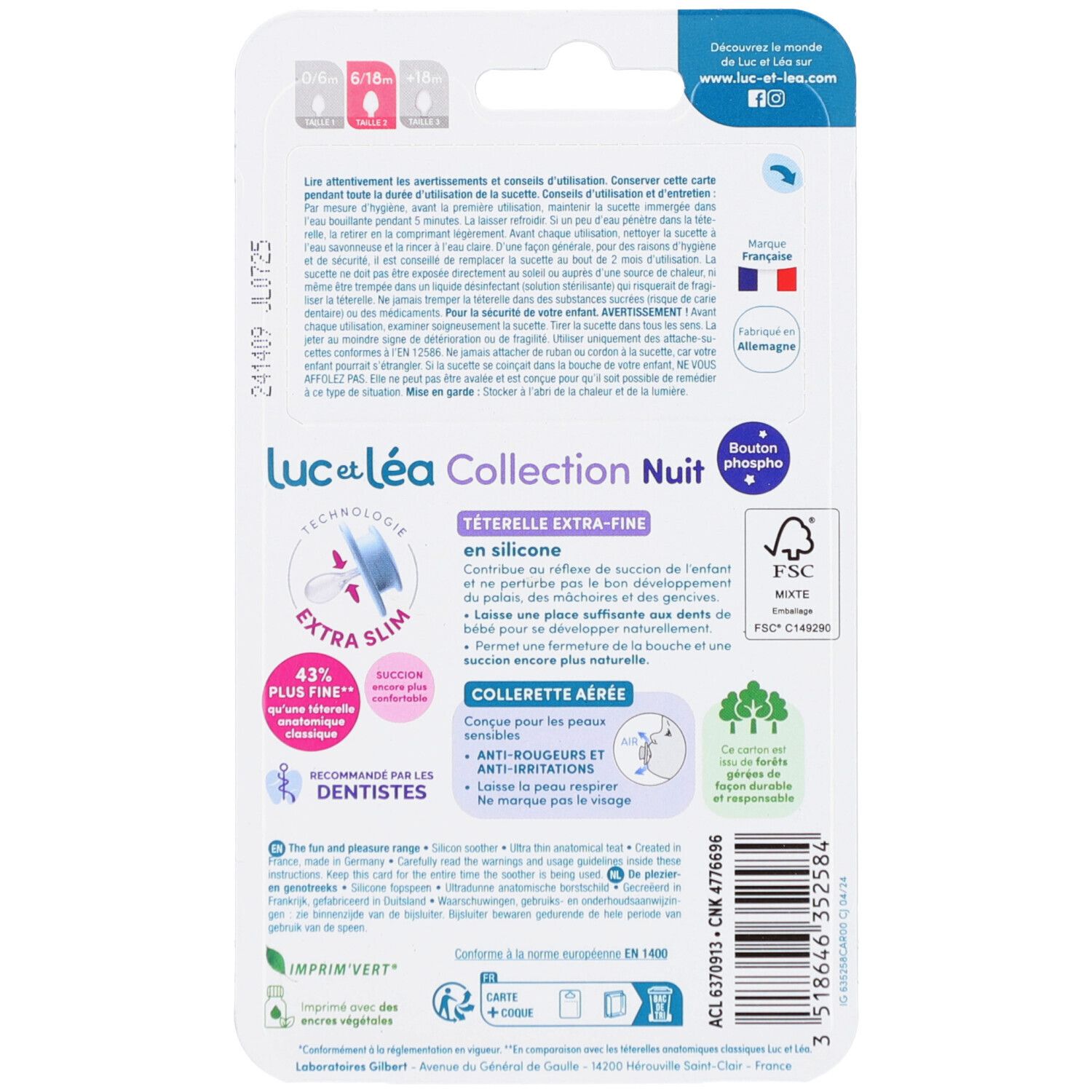 Dos du blister avec informations produit. Texte en français. Label FSC. Technologie extra-fine.