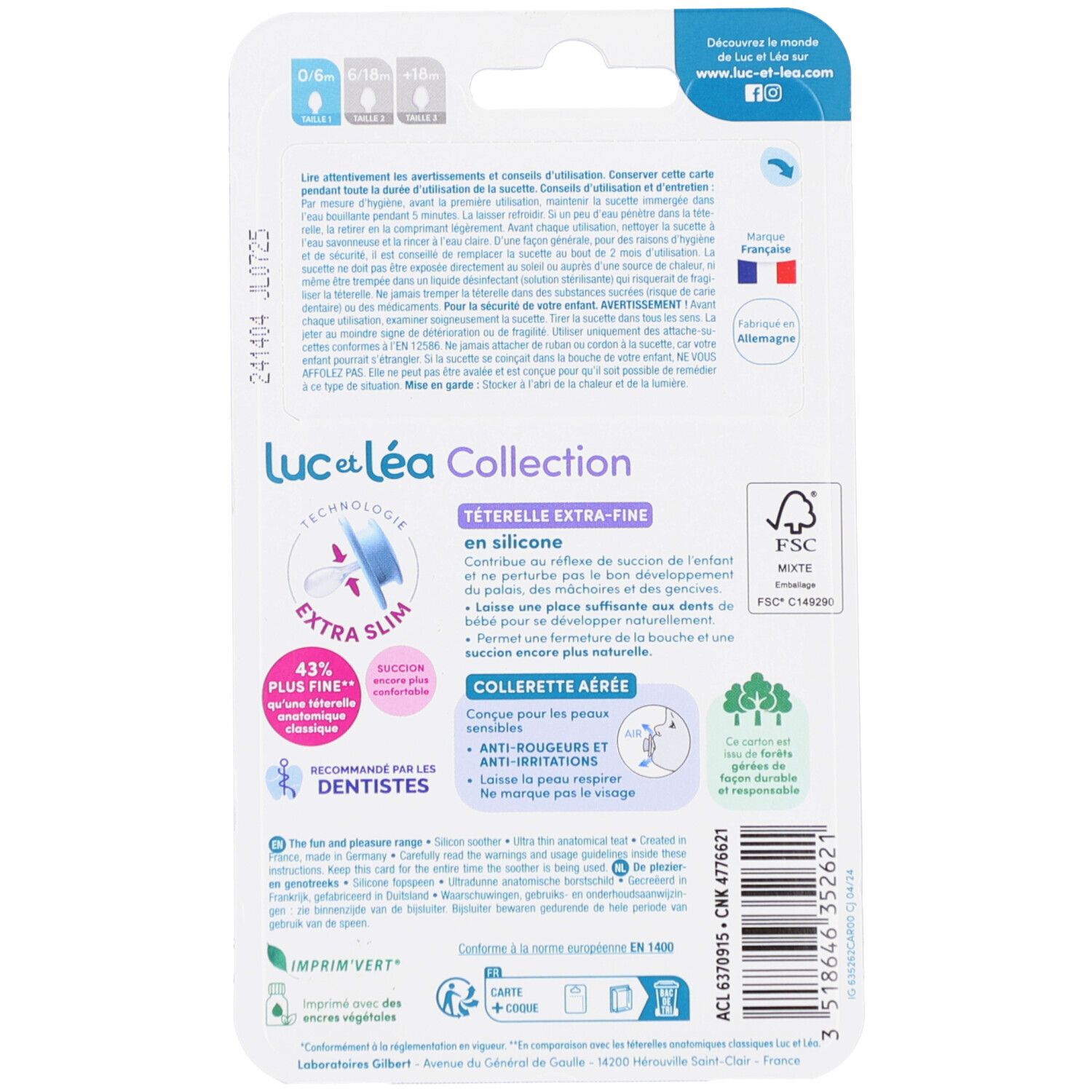 Dos de l'emballage. Texte, illustrations et logos. Sucettes anatomiques extra-fines. Logo FSC.