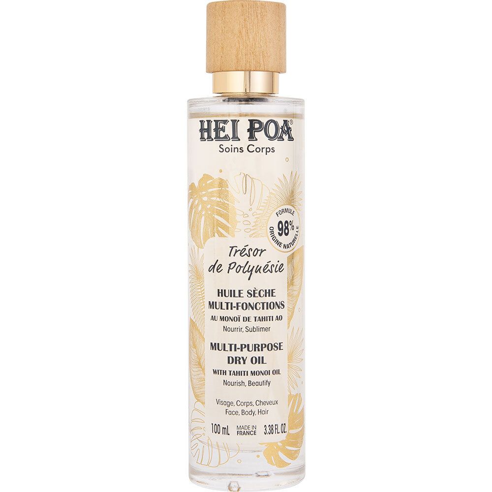Flacon d'huile sèche HEI POA. Bouchon en bois, bague dorée. Étiquette avec texte et feuilles dorées. 100 ml.