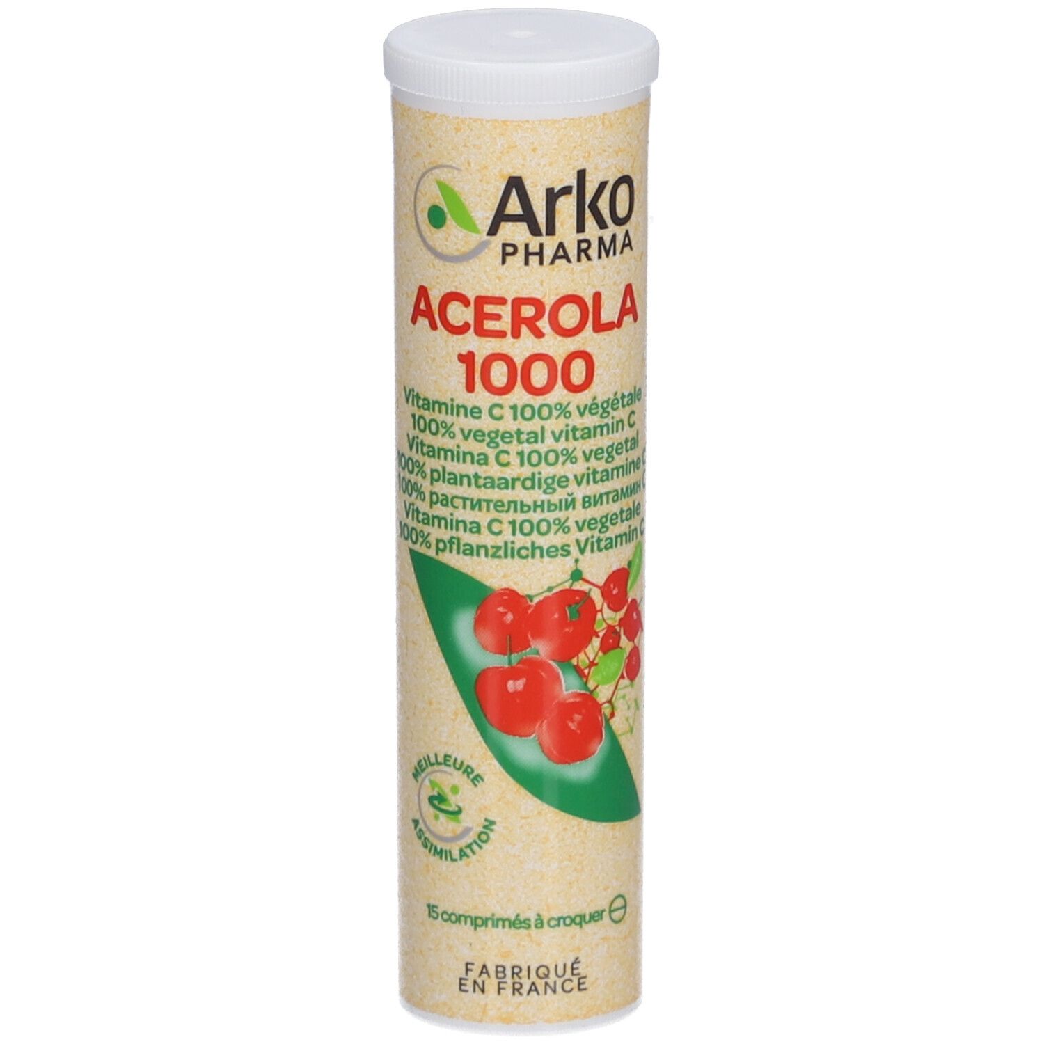 Tube cylindrique avec couvercle blanc. Inscription: Arko Pharma Acerola 1000. Illustration de cerises. 15 comprimés.