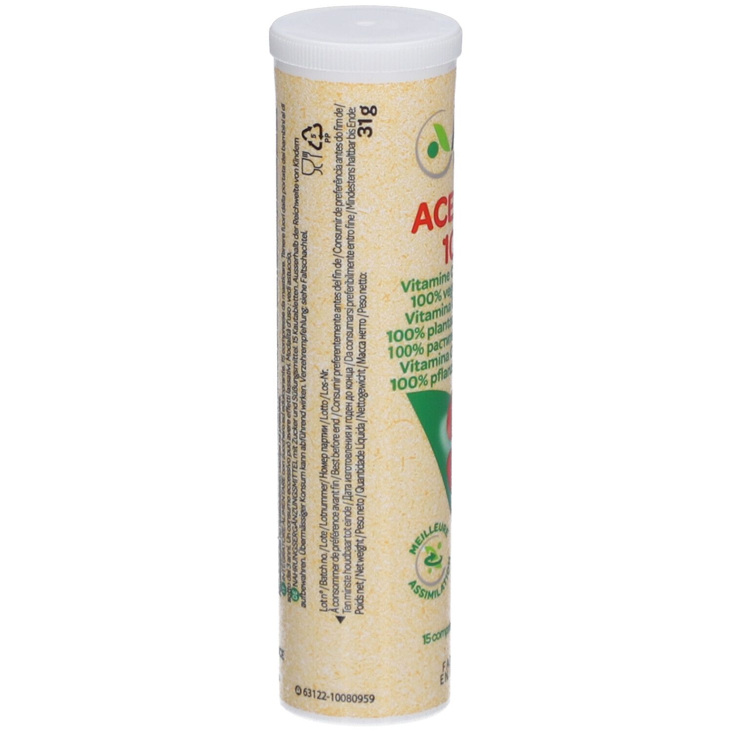 Tube cylindrique avec couvercle blanc. Texte au dos. Inscription: Arko Pharma Acerola 1000. 15 comprimés.