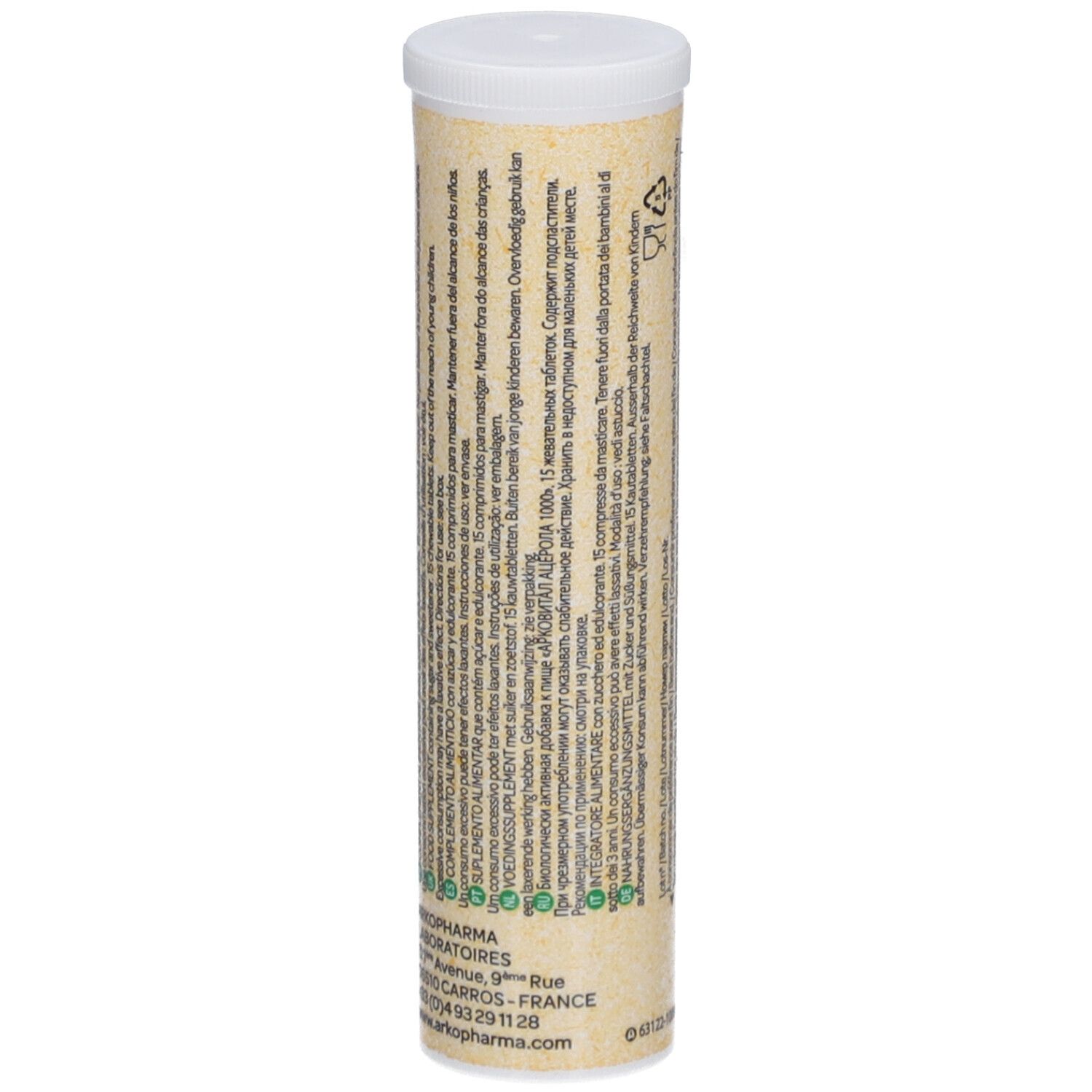 Tube cylindrique avec couvercle blanc. Texte au dos. Inscription: Arko Pharma Acerola 1000. 15 comprimés.