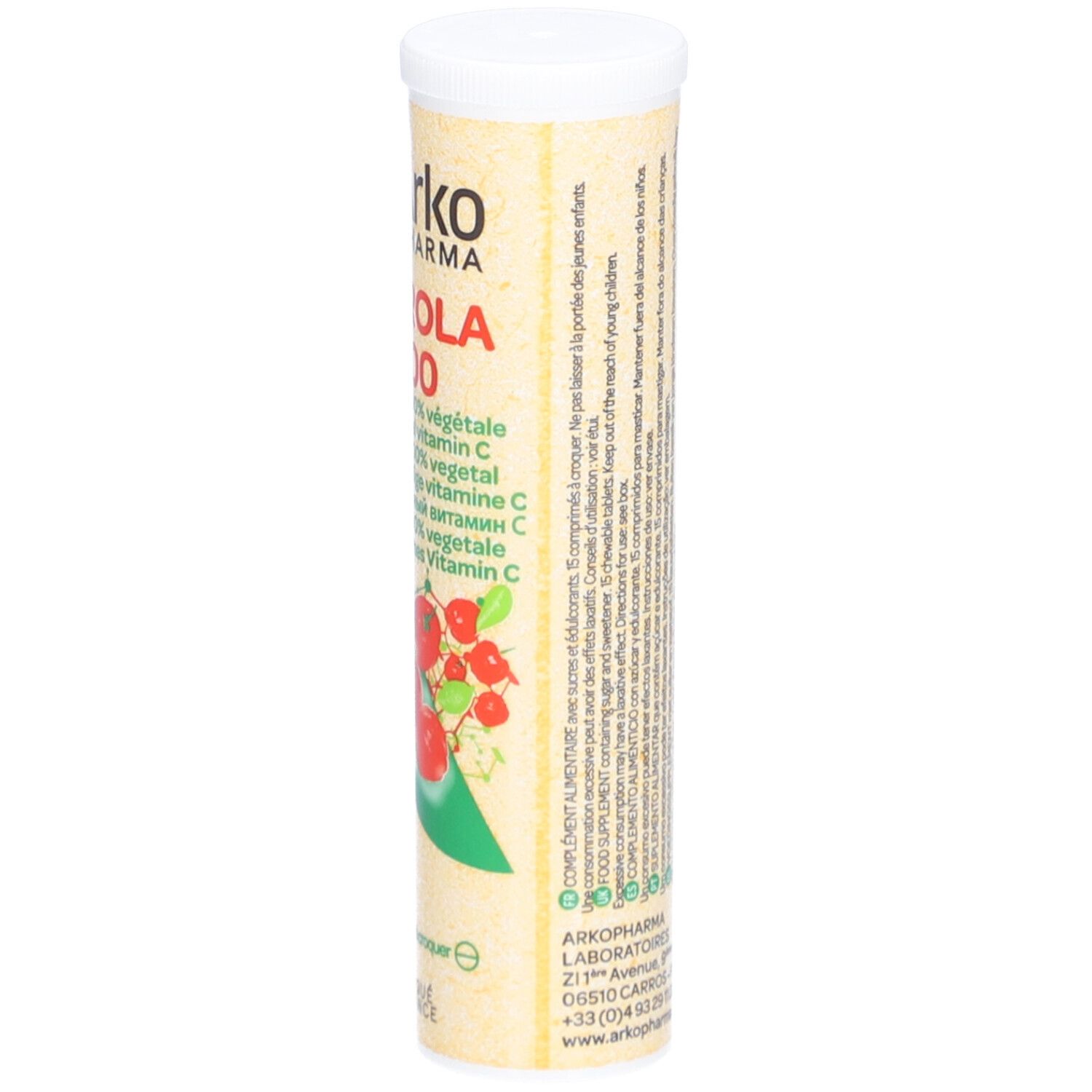 Tube cylindrique avec couvercle blanc. Texte au dos. Inscription: Arko Pharma Acerola 1000. 15 comprimés.