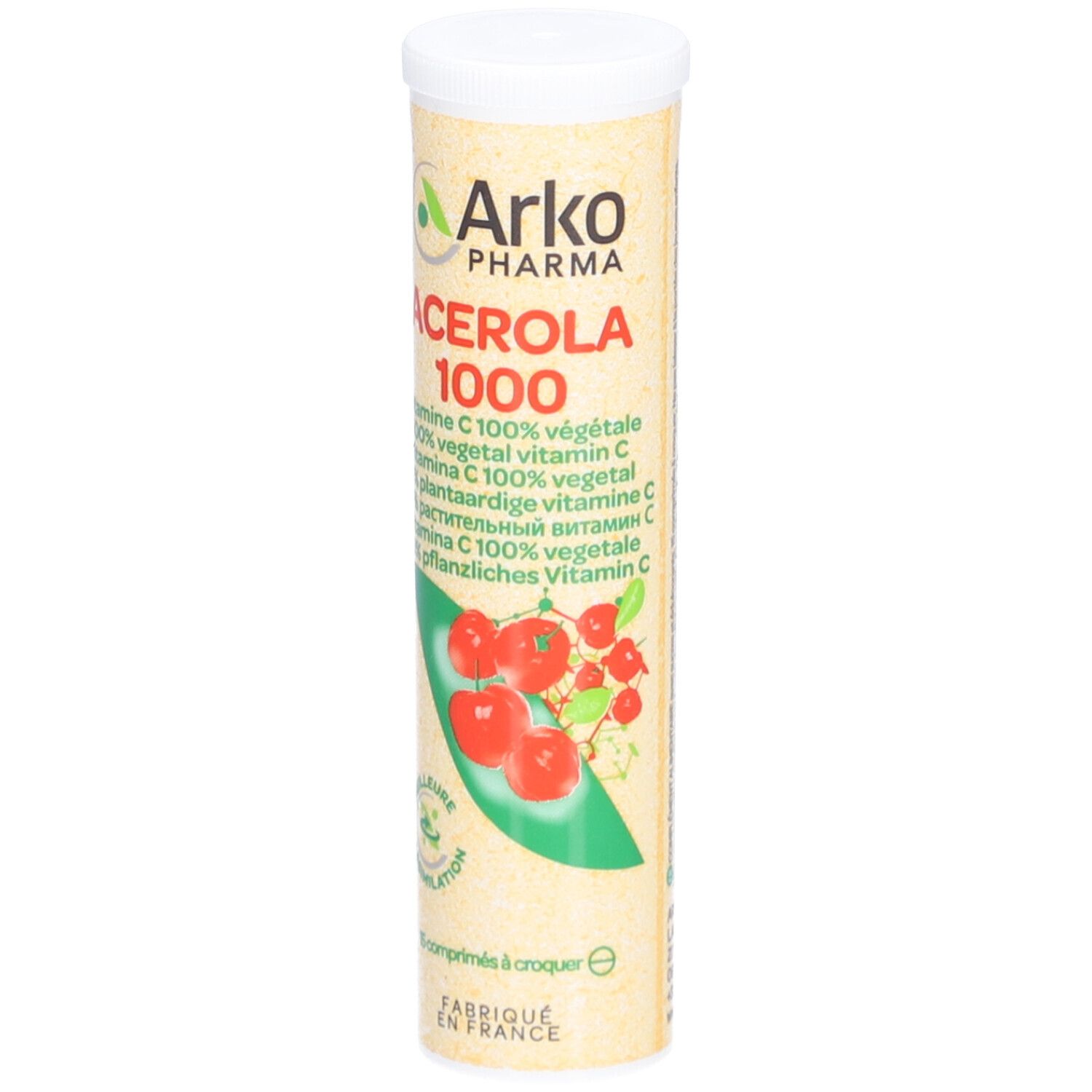Tube cylindrique avec couvercle blanc. Inscription: Arko Pharma Acerola 1000. Illustration de cerises. 15 comprimés.