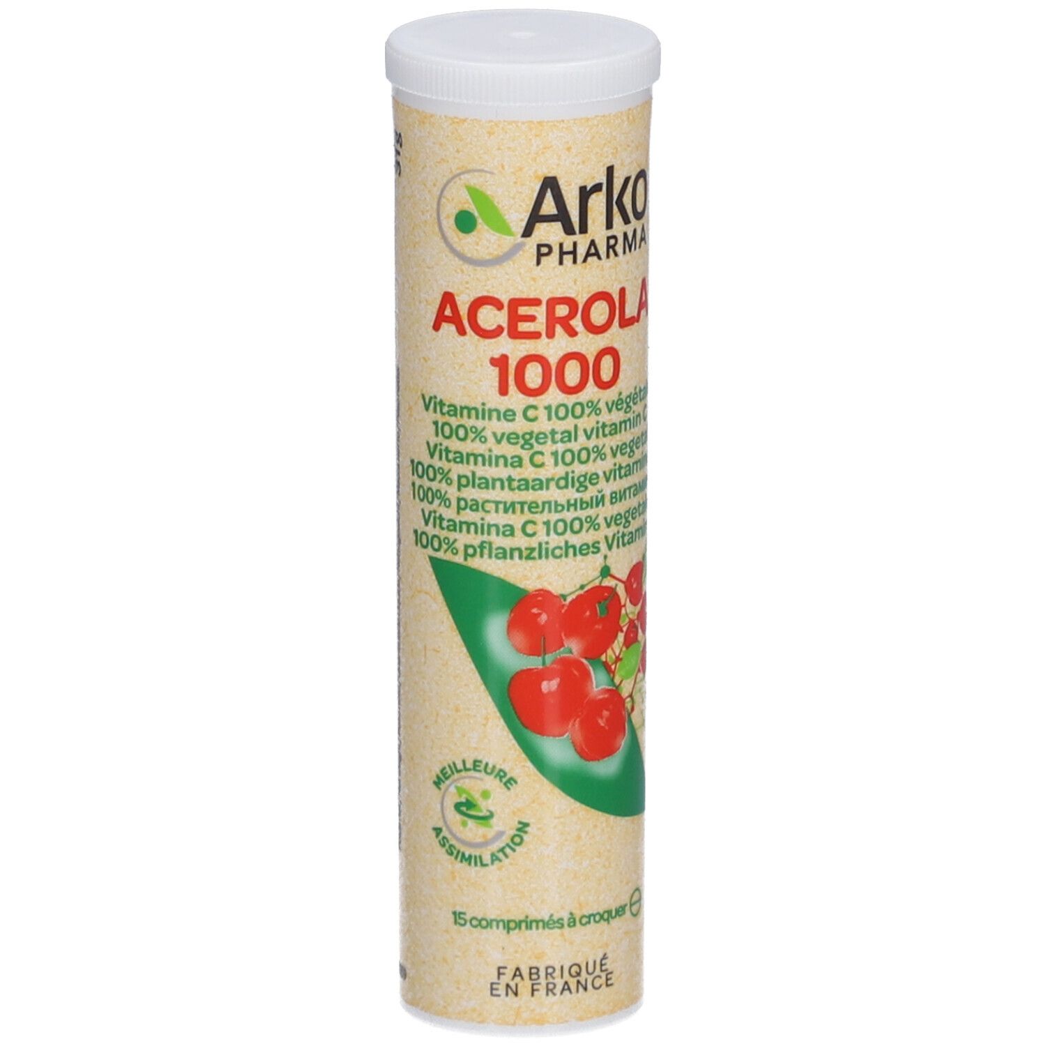Tube cylindrique avec couvercle blanc. Inscription: Arko Pharma Acerola 1000. Illustration de cerises. 15 comprimés.