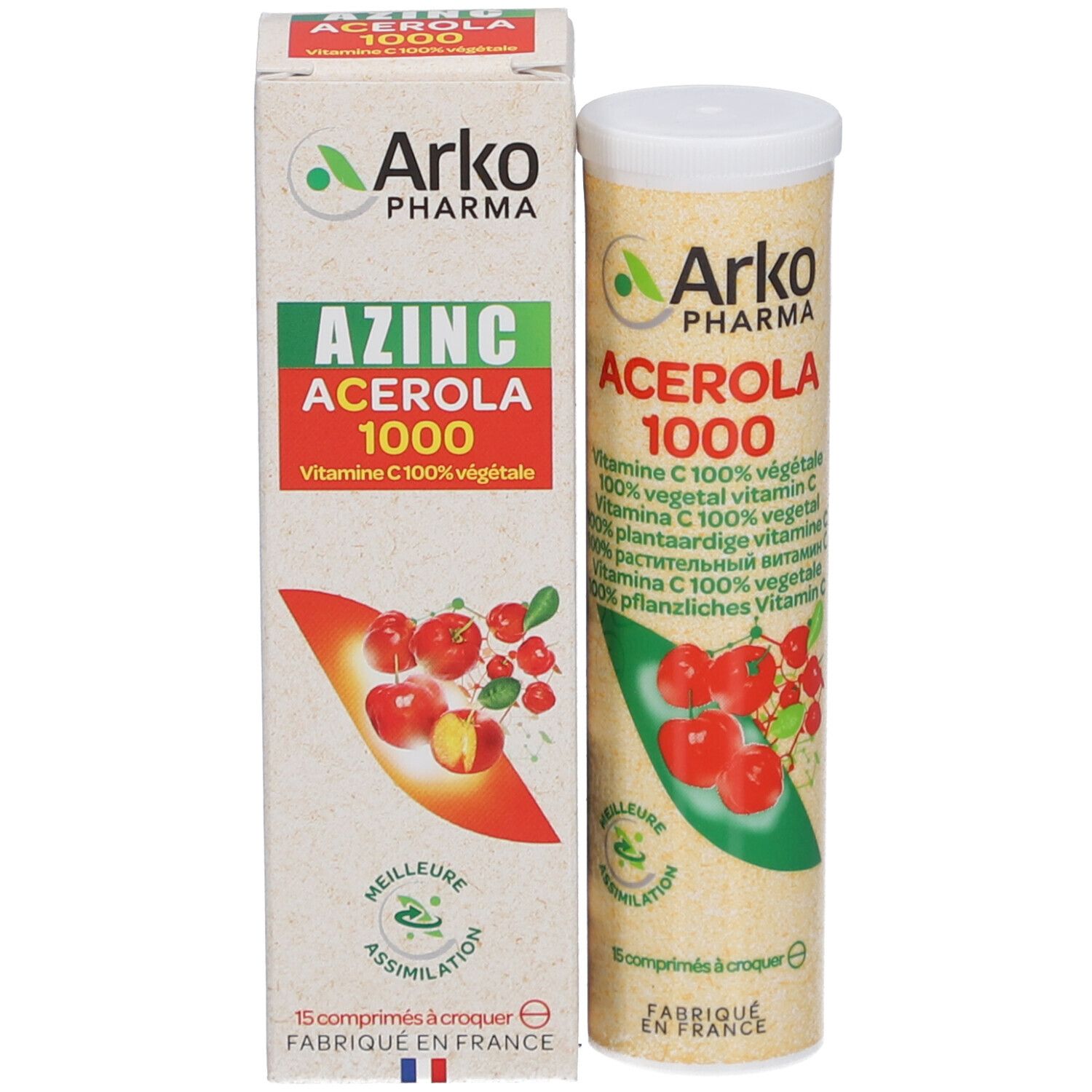 Emballage produit: boîte et tube. Inscription: Arko Pharma Azinc Acerola 1000. Illustration de cerises. 15 comprimés.