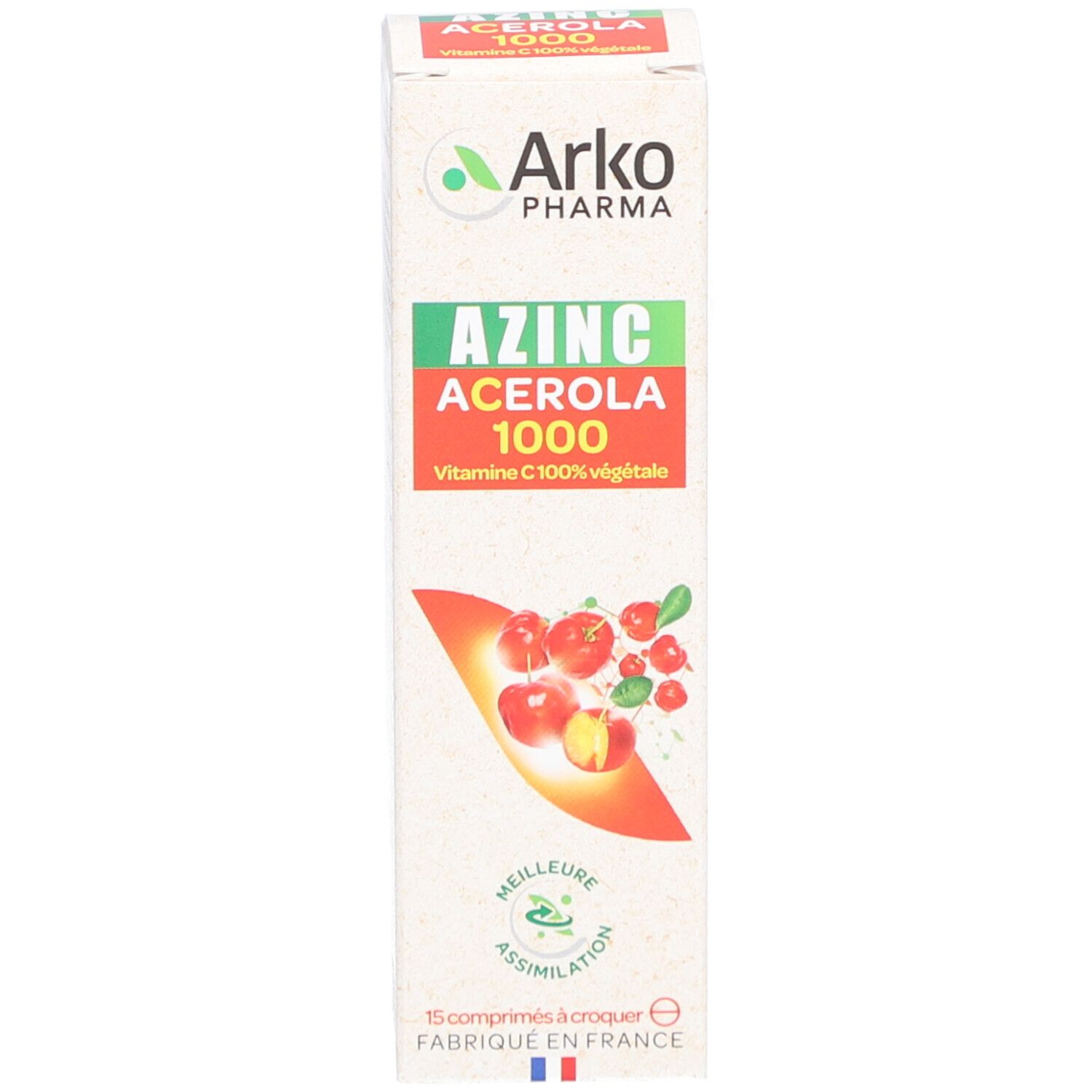 Emballage produit: boîte. Inscription: Arko Pharma Azinc Acerola 1000. Illustration de cerises. 15 comprimés.