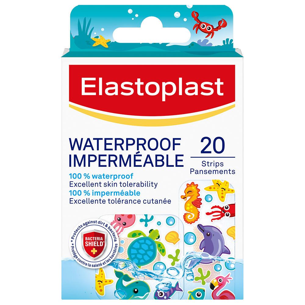 Verpakking pleisters. Merk Elastoplast. Opschrift: Waterproof, 20 strips. Met zeedieren.