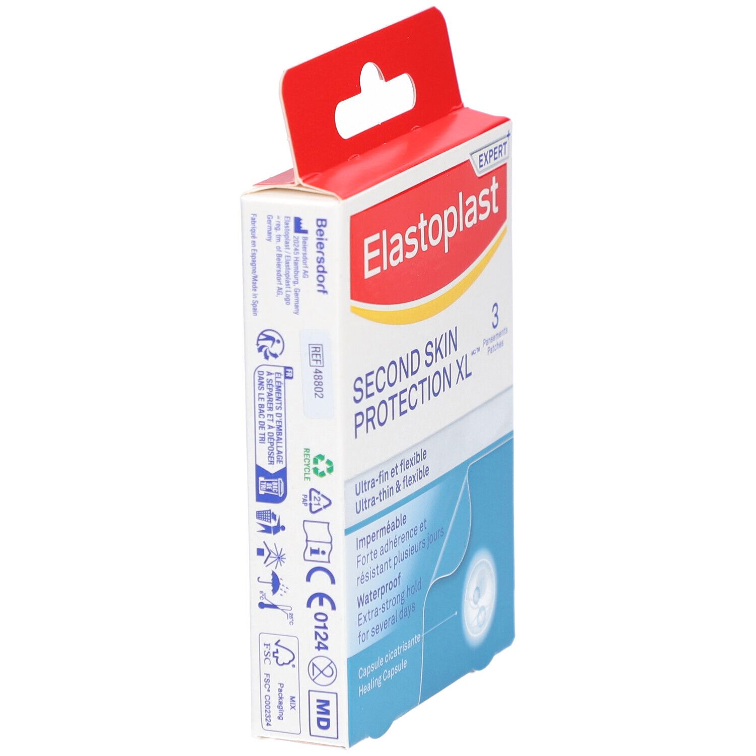Vue latérale de la boîte ELASTOPLAST Second Skin Protection XL. Boîte rouge et blanche avec informations.