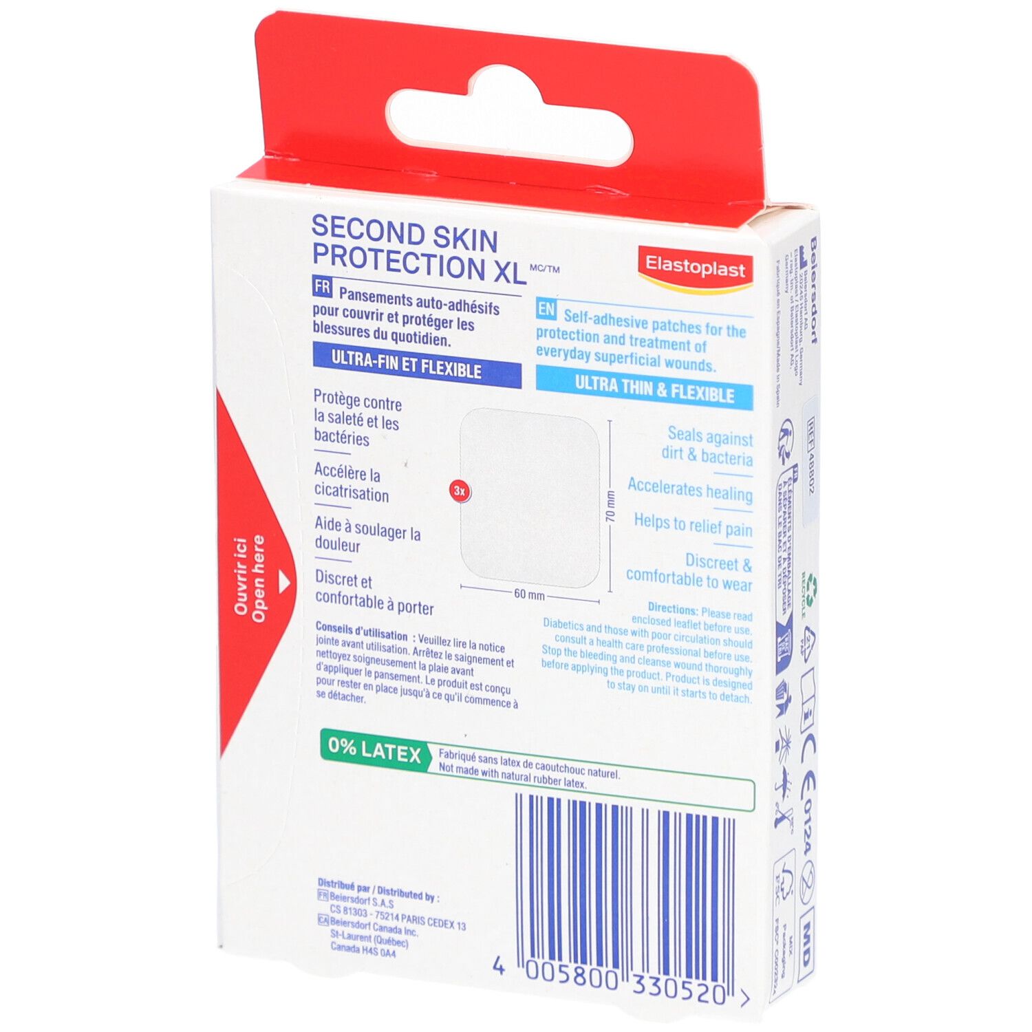 Dos de la boîte ELASTOPLAST Second Skin Protection XL. Informations, illustrations et texte en plusieurs langues.
