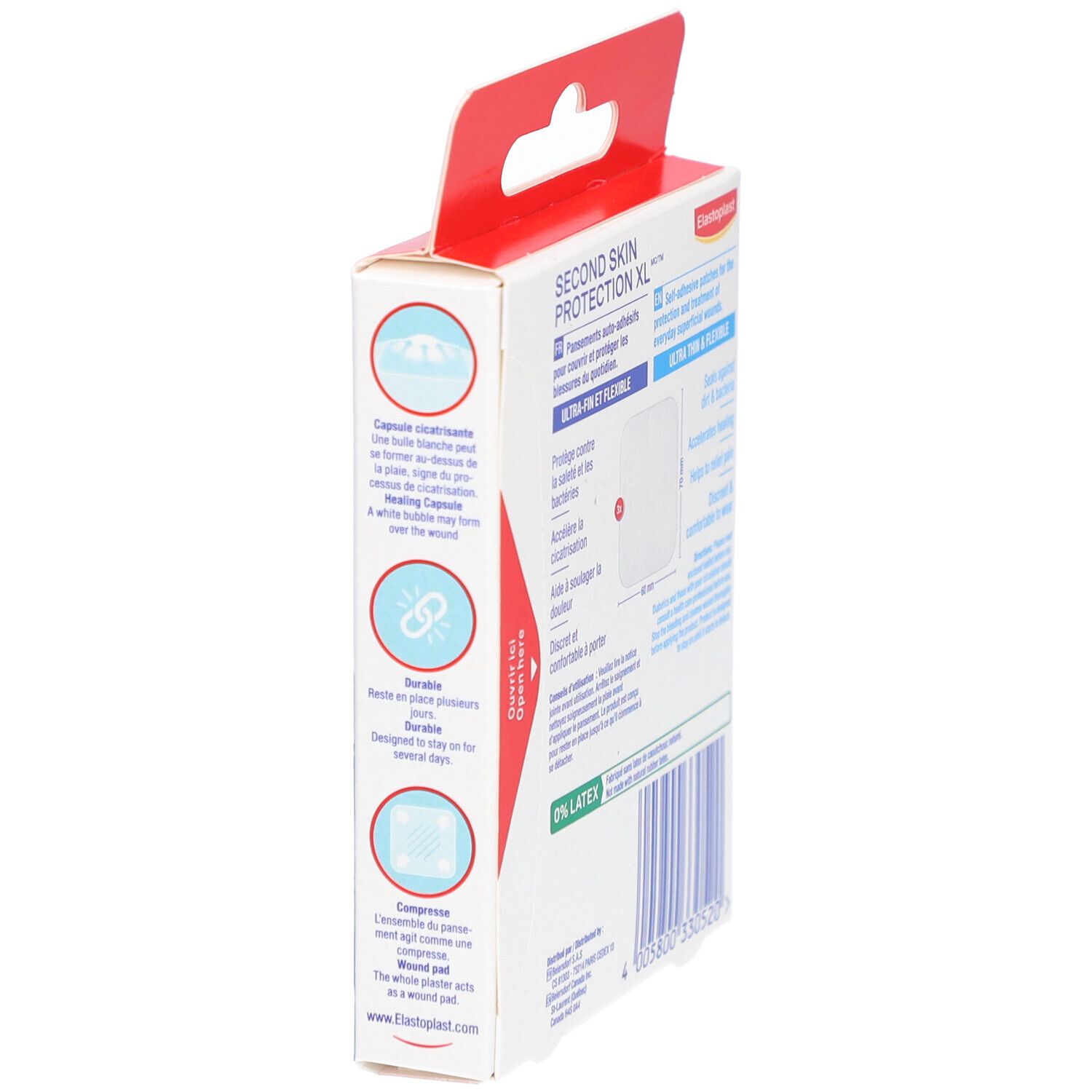 Vue latérale de la boîte ELASTOPLAST Second Skin Protection XL. Informations et illustrations.