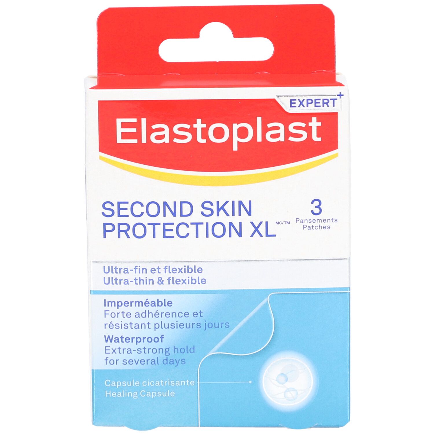 Boîte ELASTOPLAST Second Skin Protection XL. Boîte blanche et rouge avec informations et 3 pansements.