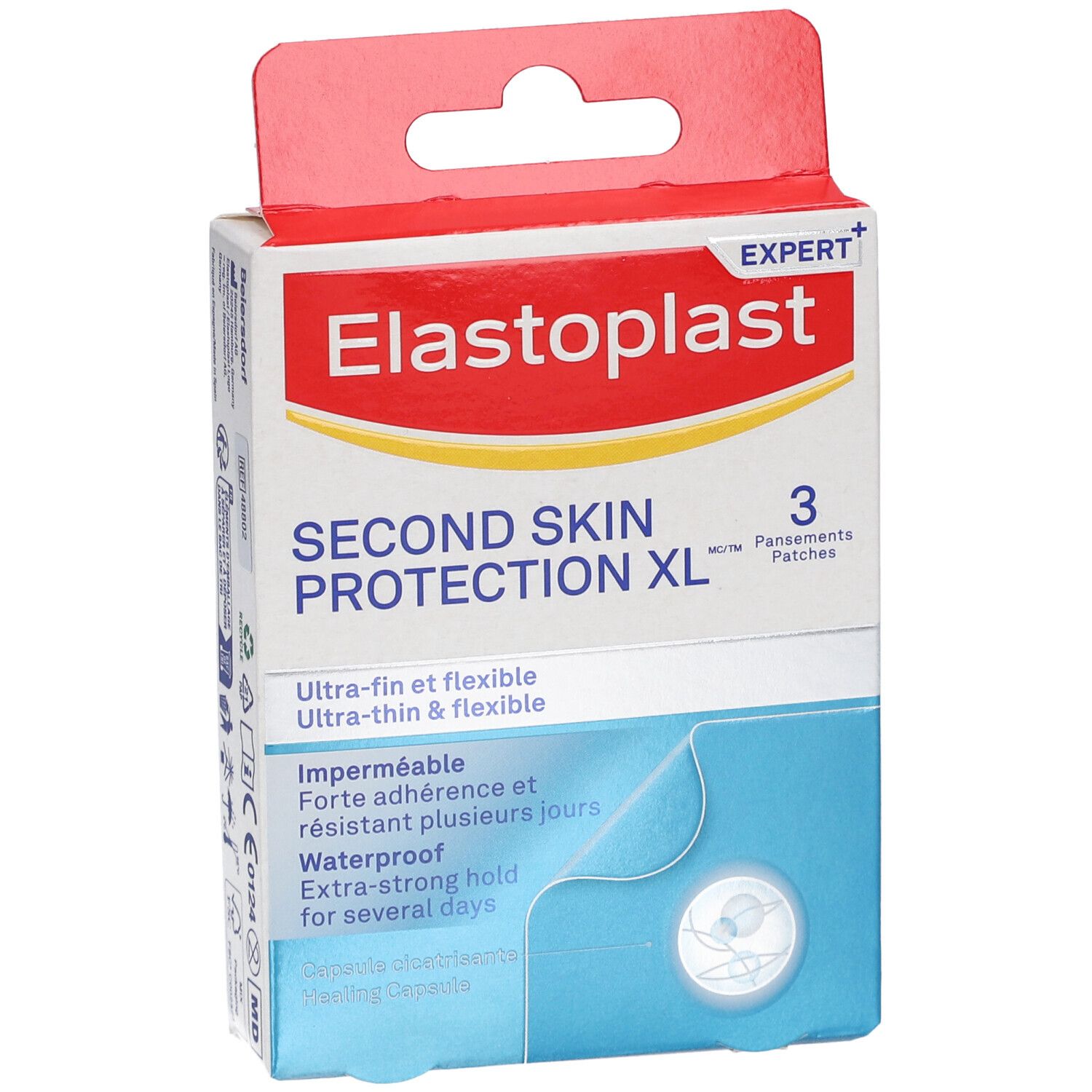 Boîte ELASTOPLAST Second Skin Protection XL. Boîte blanche et rouge avec informations et 3 pansements.