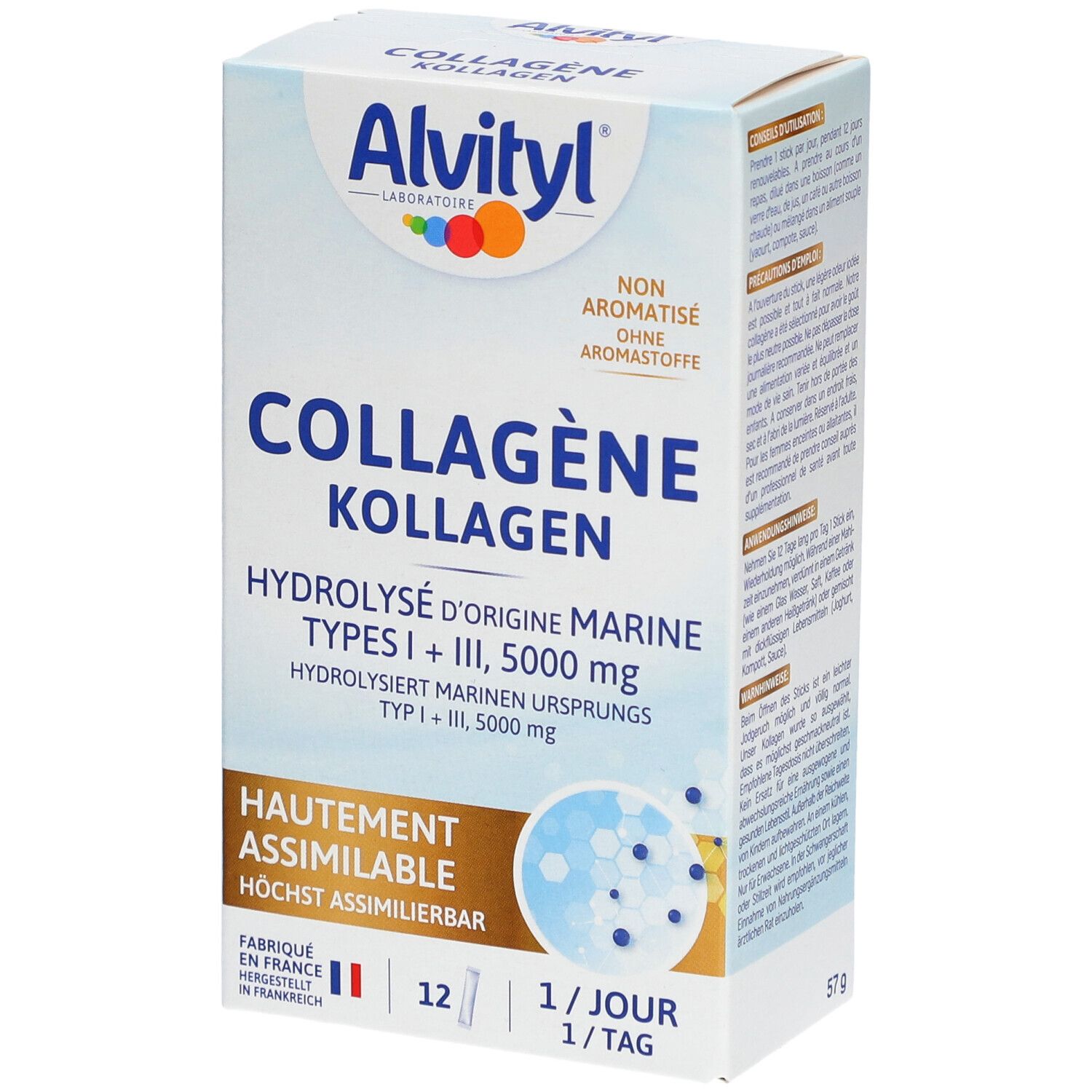 Boîte Alvityl Collagène. Texte principal : Collagène Kollagen, Hydrolysé d'origine marine, 5000 mg. 12 sticks, 1 par jour.