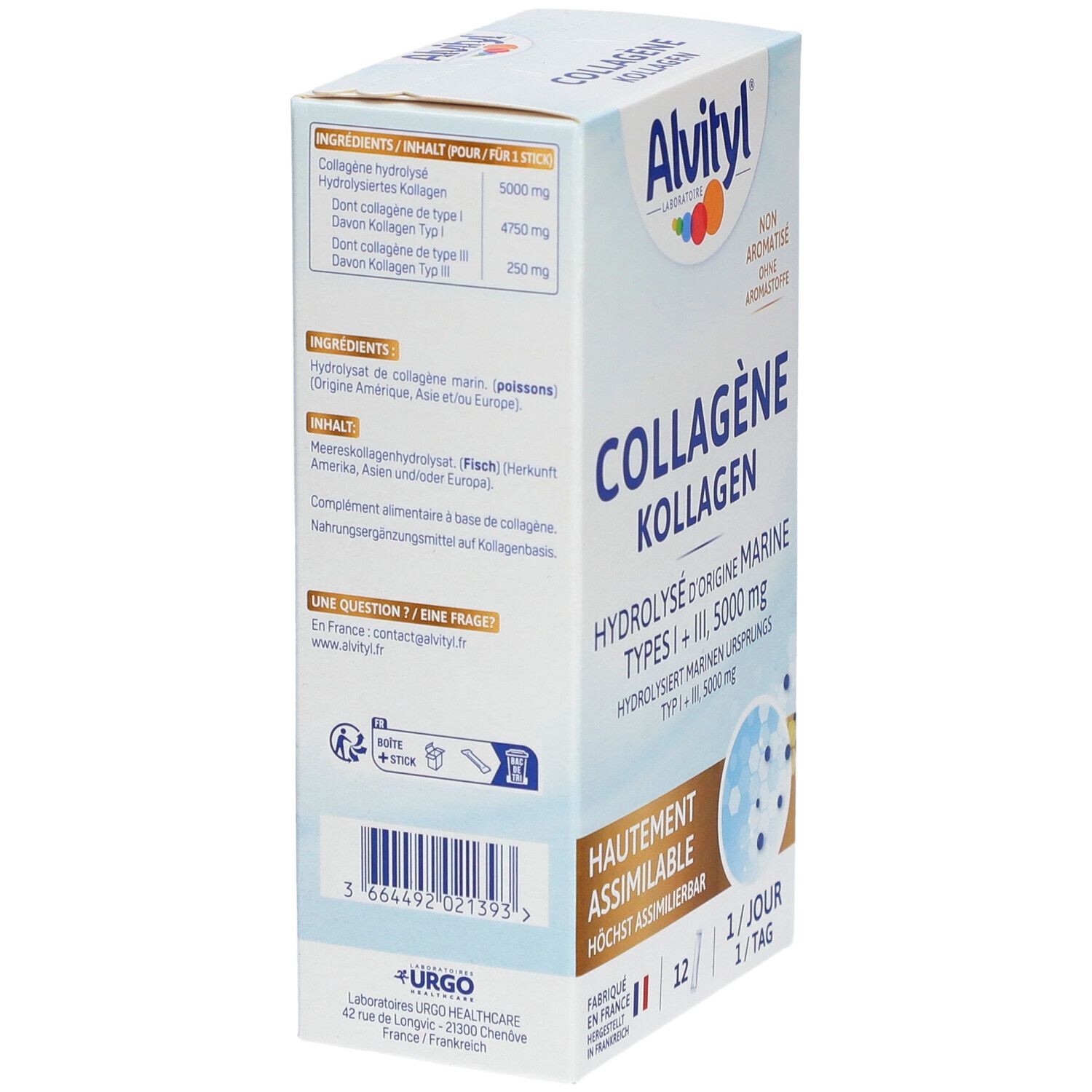 Boîte Alvityl Collagène, vue latérale. Contient ingrédients, informations nutritionnelles et coordonnées. 12 sticks, 1 par jour.