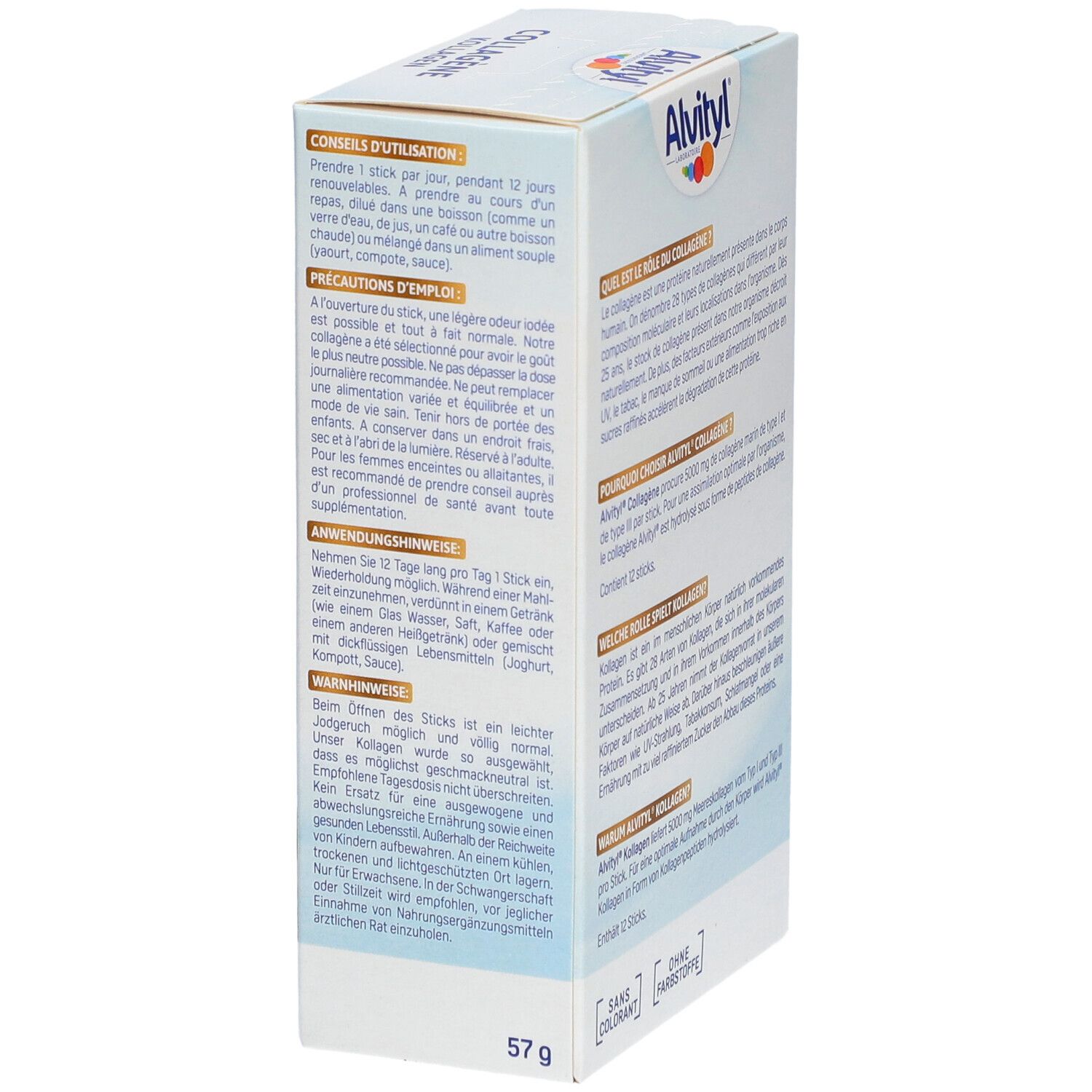 Côté de la boîte Alvityl Collagène avec conseils d'utilisation et avertissements. 57g.