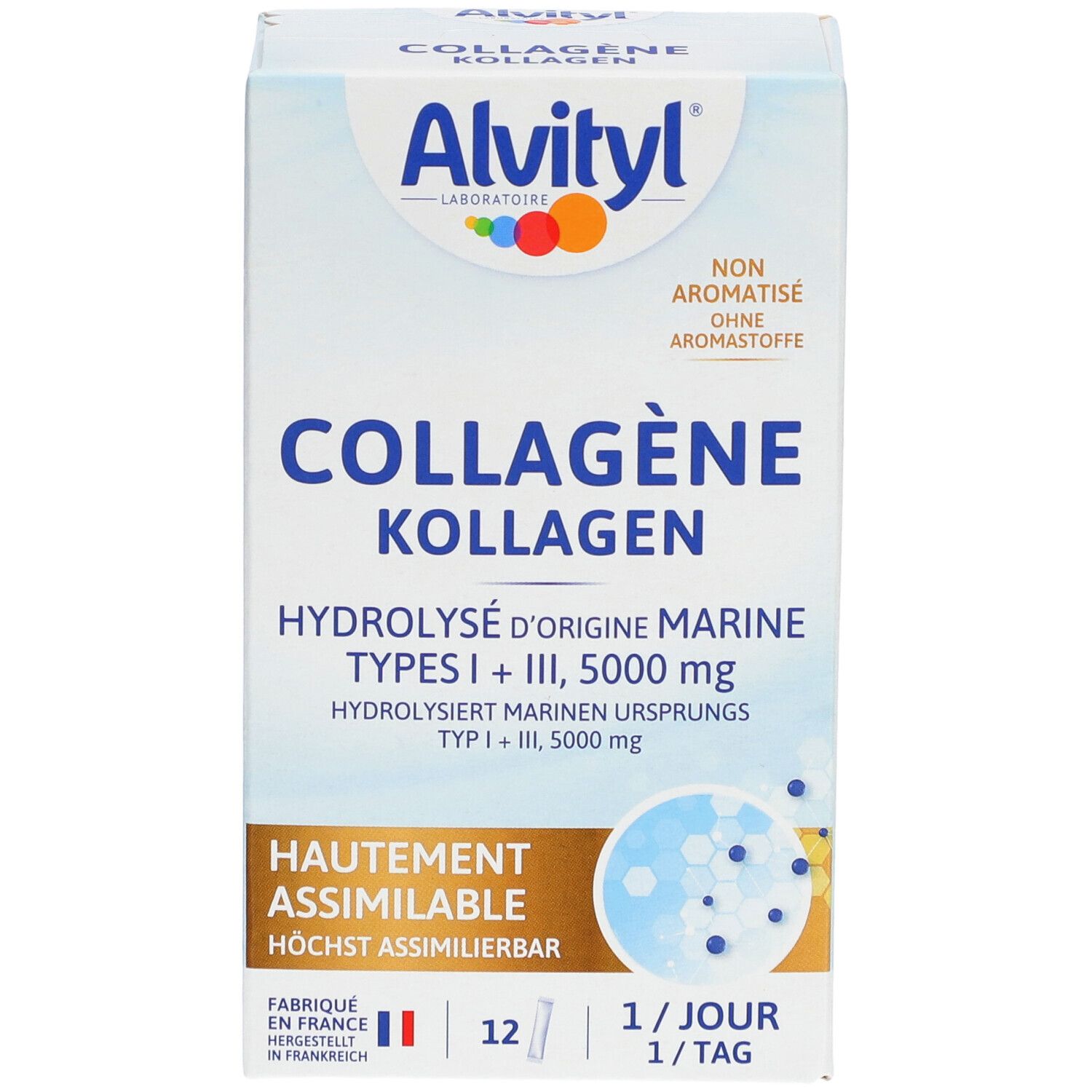 Boîte Alvityl Collagène. Texte principal : Collagène Kollagen, Hydrolysé d'origine marine, 5000 mg. 12 sticks, 1 par jour.