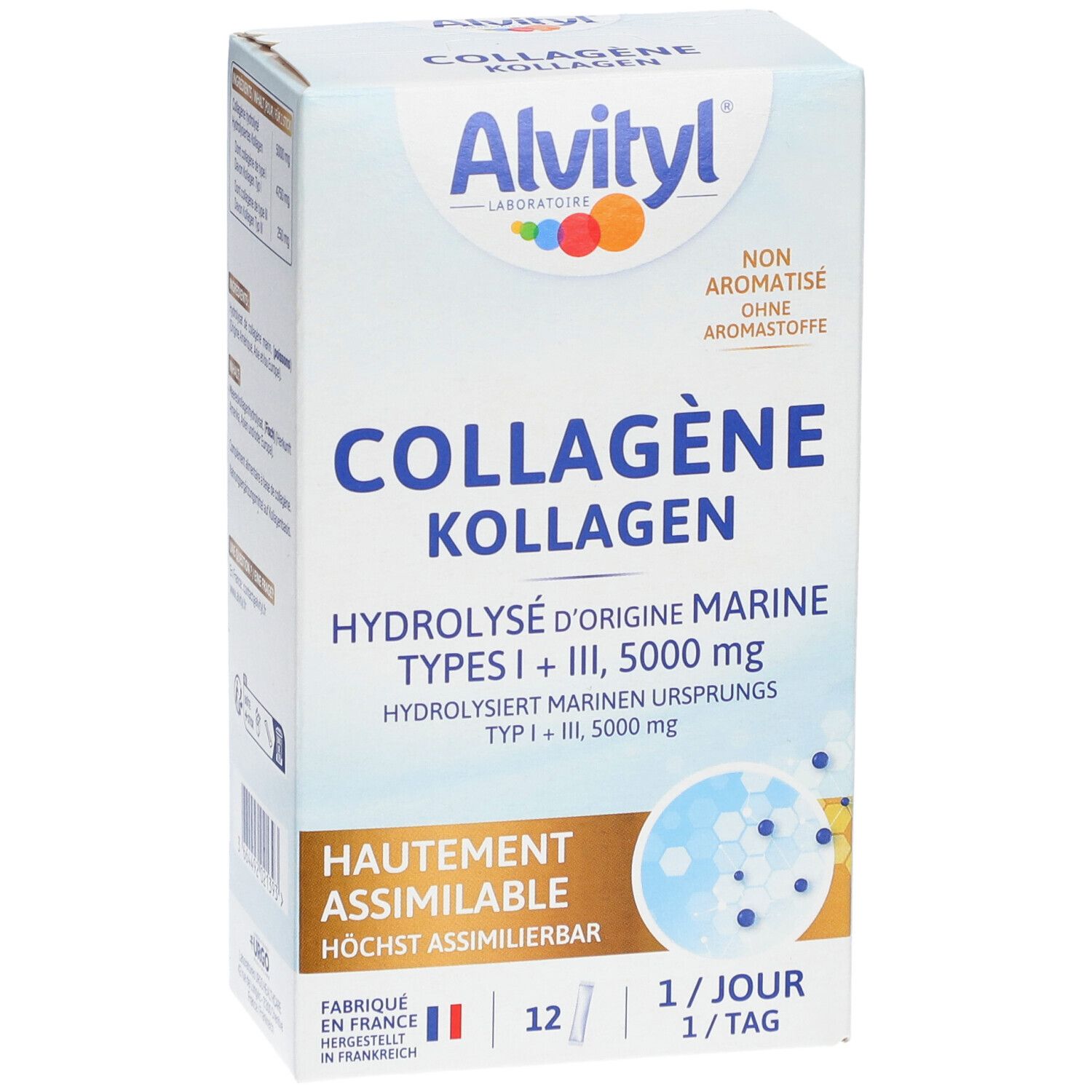 Boîte Alvityl Collagène. Texte principal : Collagène Kollagen, Hydrolysé d'origine marine, 5000 mg. 12 sticks, 1 par jour.