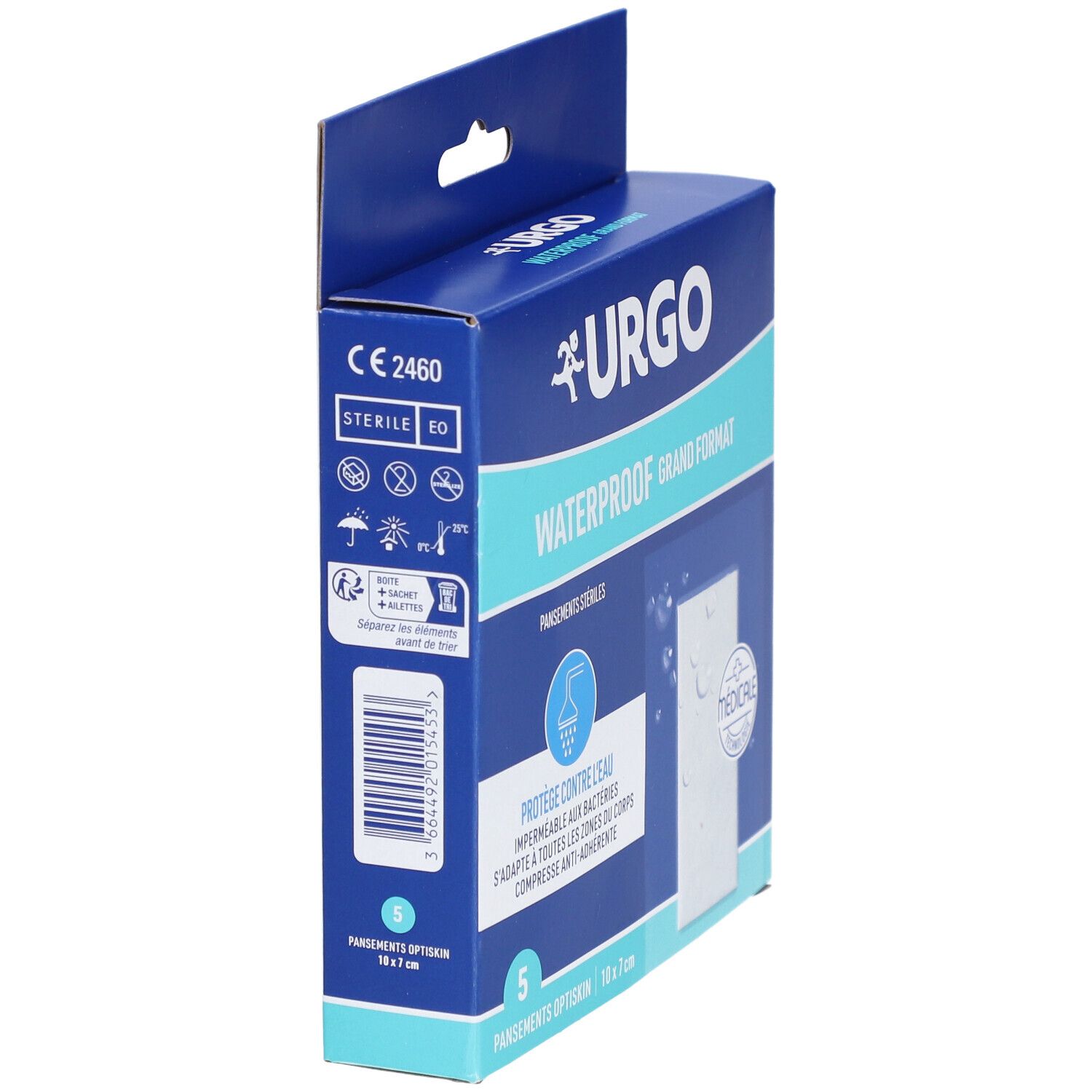 Boîte bleue Urgo avec informations produit et symboles de stérilité et étanchéité. Contient 5 pansements.