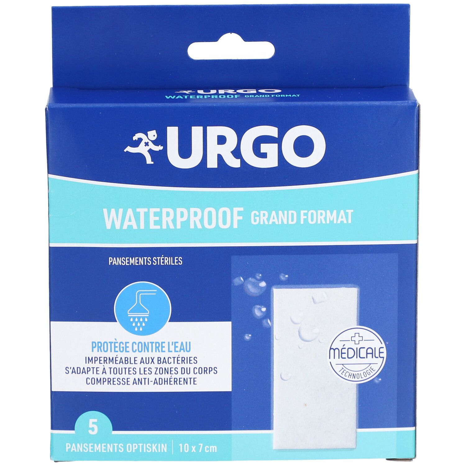 Boîte bleue Urgo avec logo et nom du produit. Contient 5 pansements stériles waterproof, 10x7 cm.