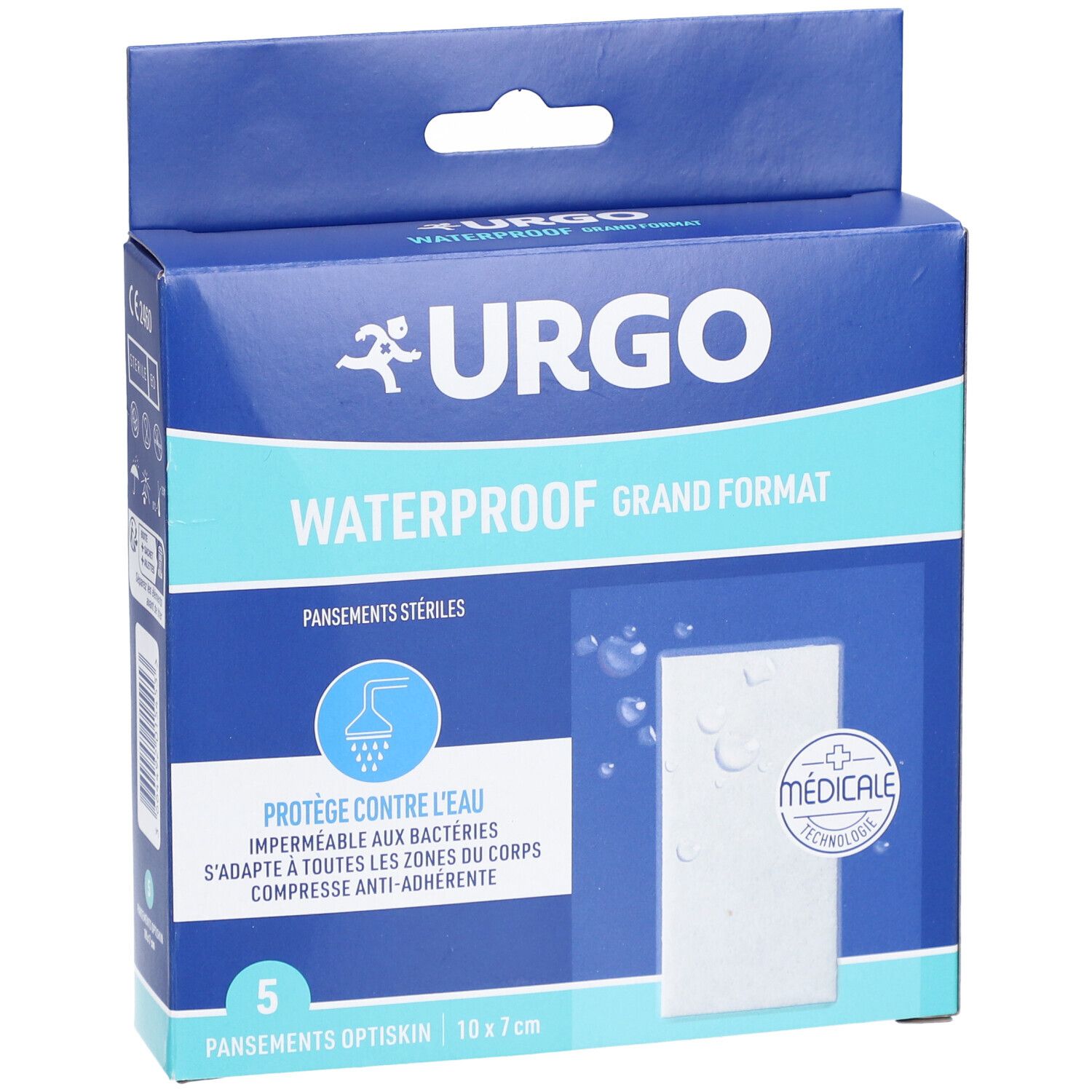 Boîte bleue Urgo avec logo et nom du produit. Contient 5 pansements stériles waterproof, 10x7 cm.