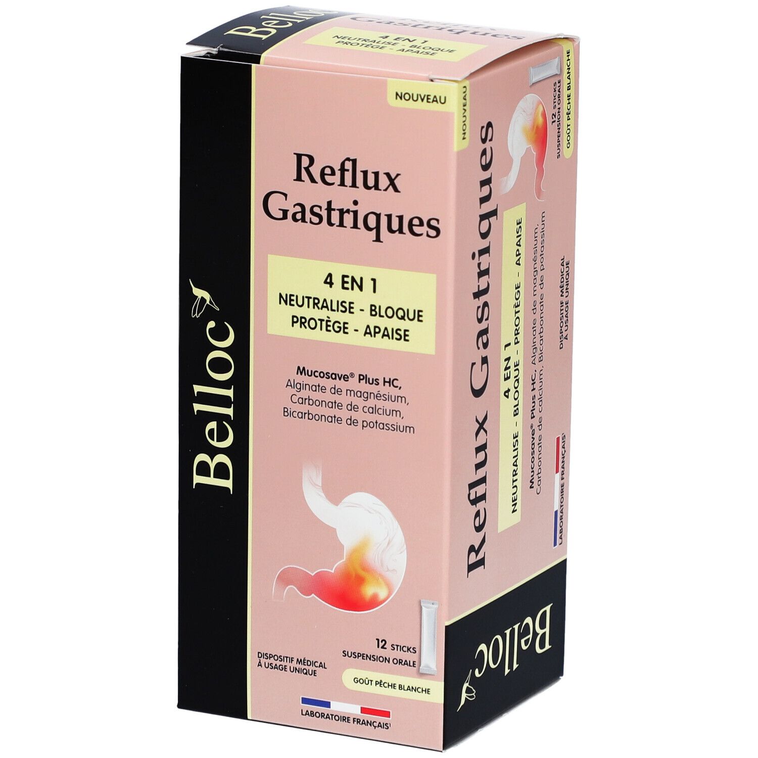 Boîte de BELLOC Reflux Gastriques 4 en 1. Contient 12 sticks. Nom du produit et logo visibles.