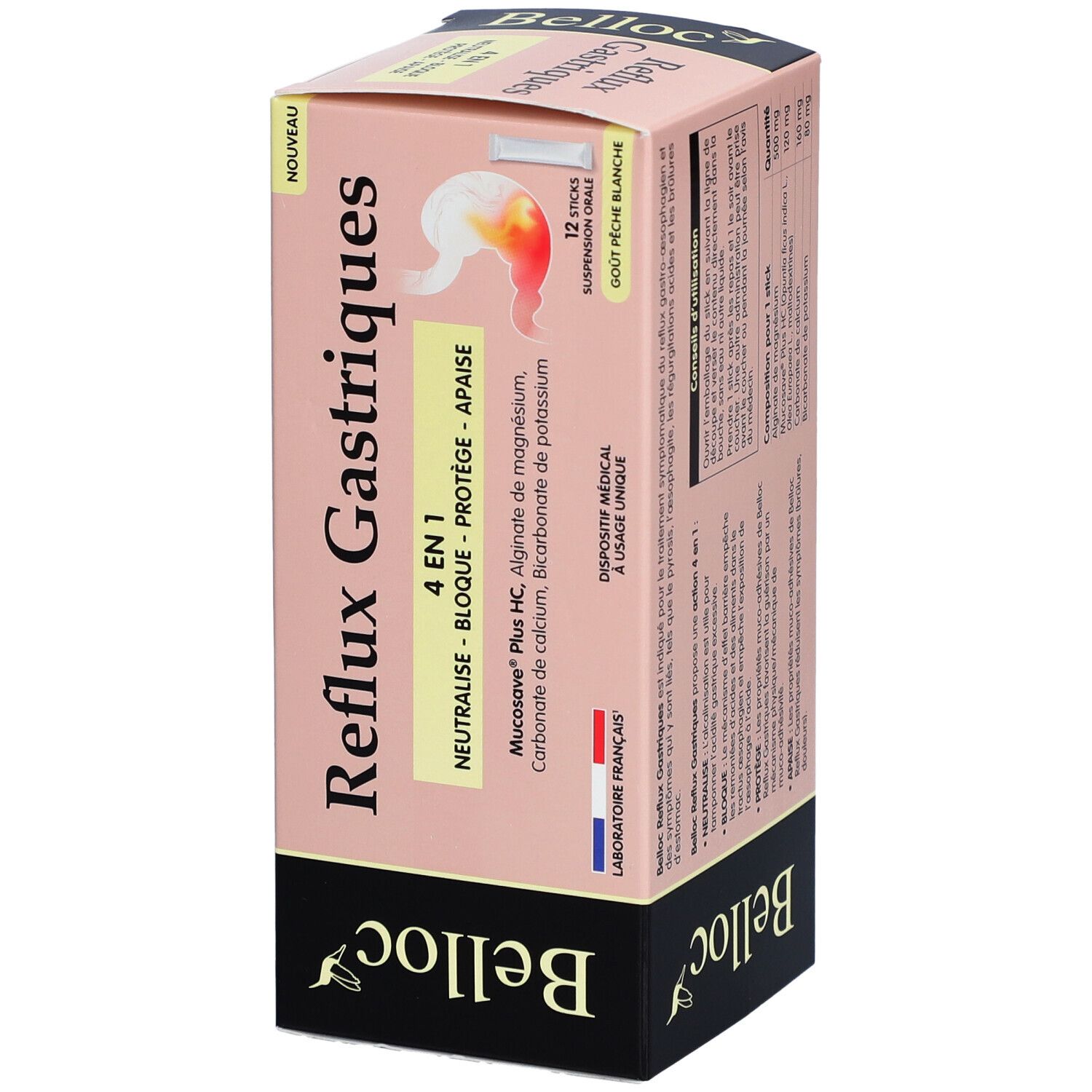 Boîte de BELLOC Reflux Gastriques 4 en 1. Contient 12 sticks. Nom du produit et logo visibles.
