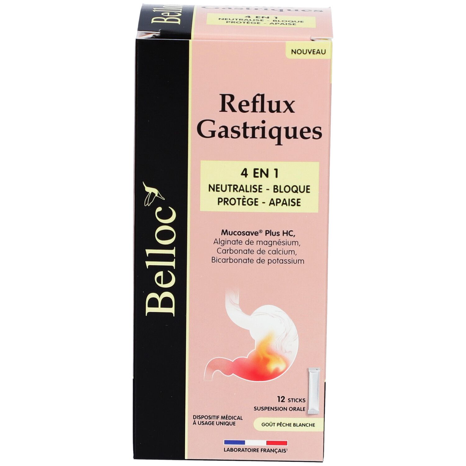 Boîte de BELLOC Reflux Gastriques 4 en 1. Contient 12 sticks. Nom du produit et logo visibles.