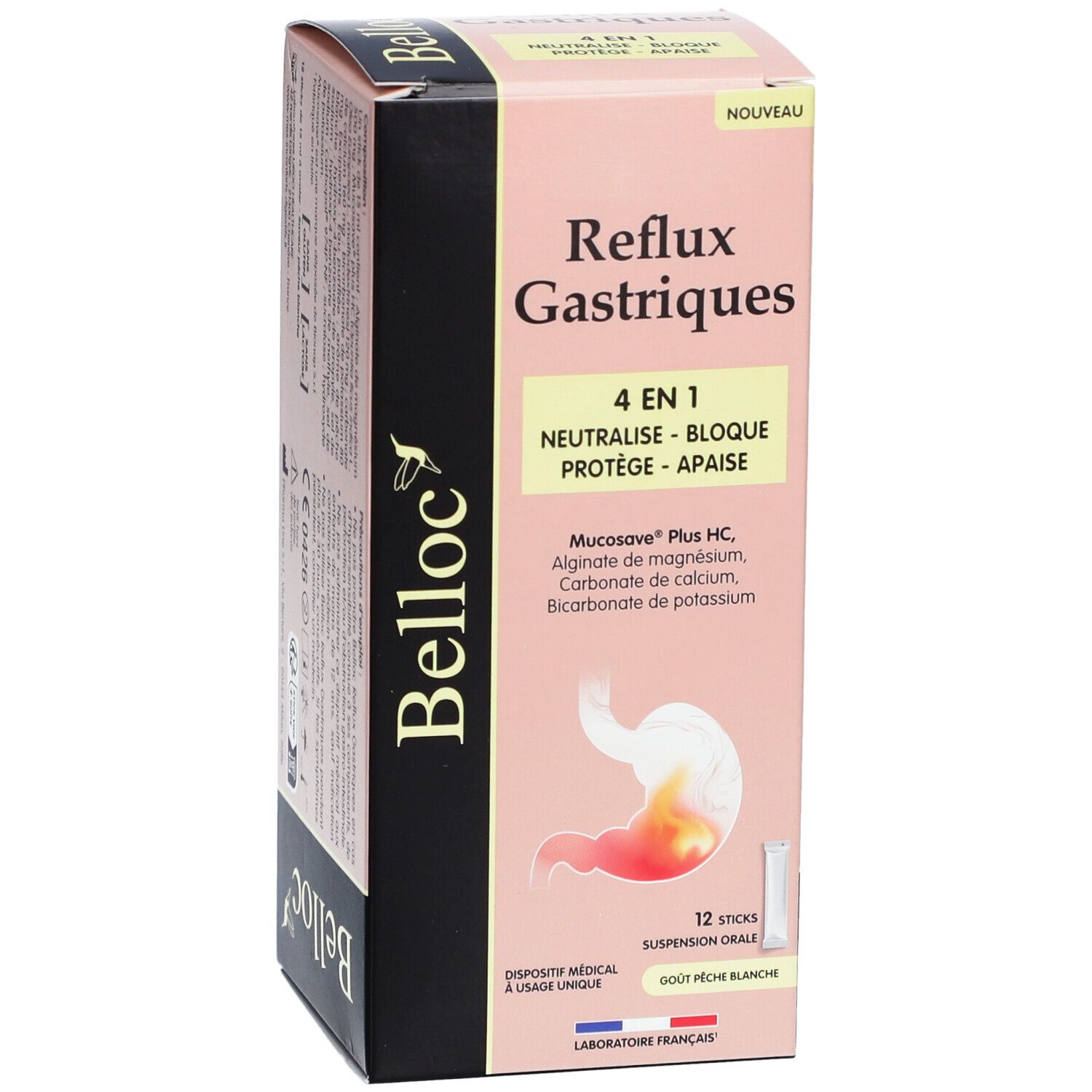 Boîte de BELLOC Reflux Gastriques 4 en 1. Contient 12 sticks. Nom du produit et logo visibles.