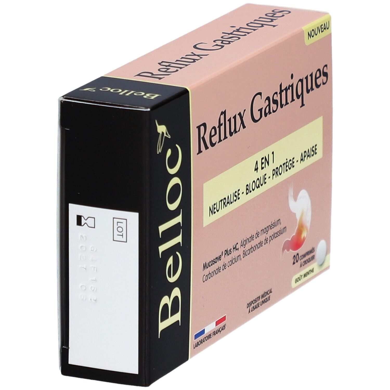 Boîte de BELLOC Reflux Gastriques 4 en 1 Comprimés. Boîte rose et blanche avec texte et logo. Côté noir.