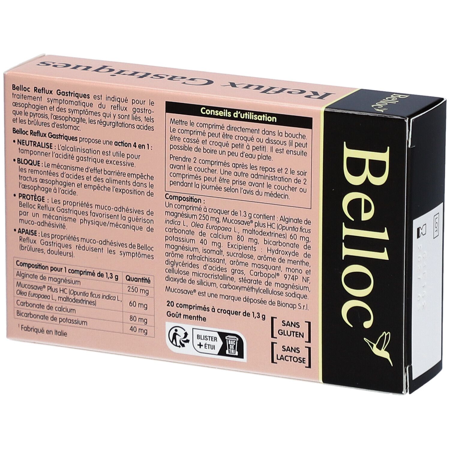 Dos de la boîte de BELLOC Reflux Gastriques 4 en 1 Comprimés. Texte, ingrédients, mode d'emploi. Logo.