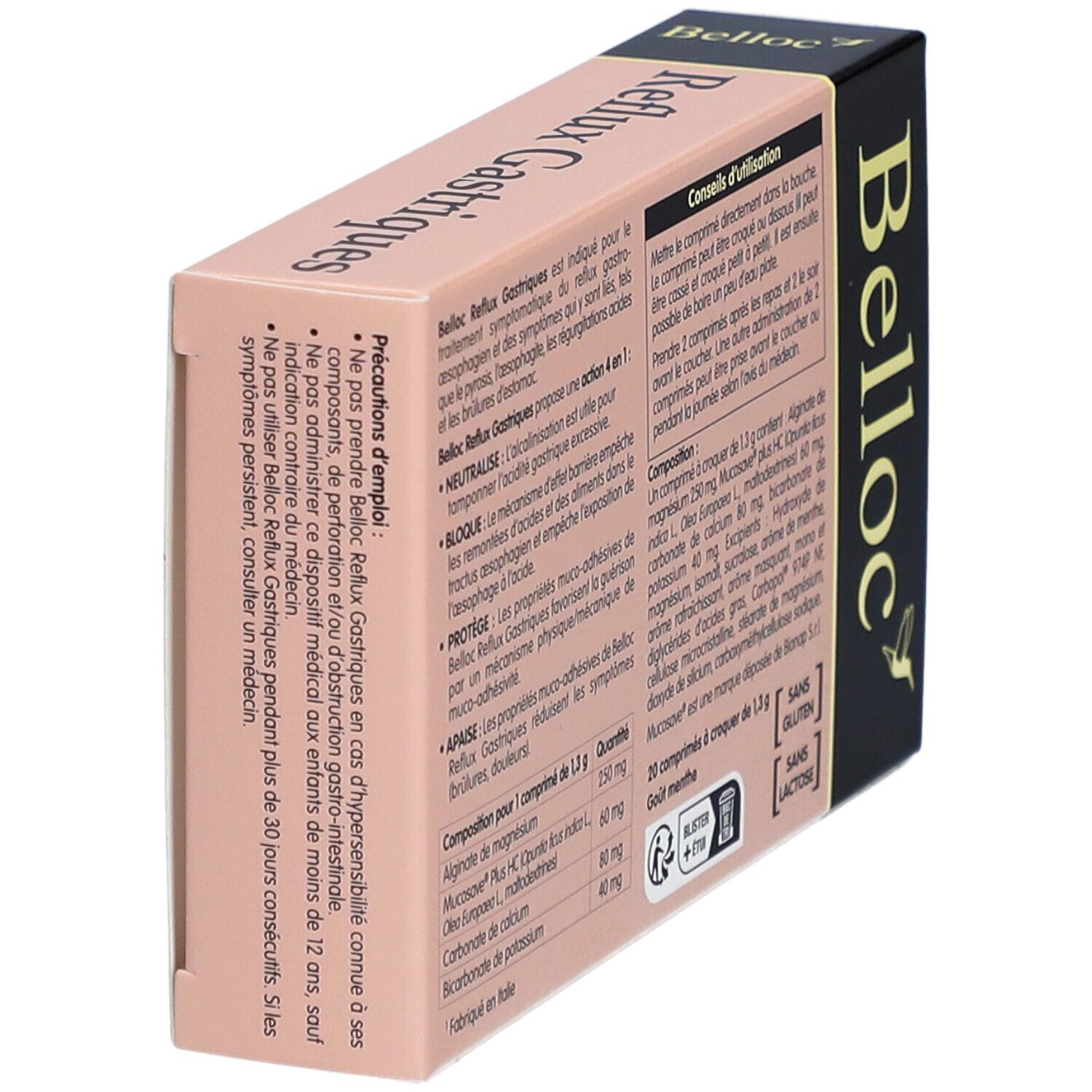 Boîte de BELLOC Reflux Gastriques 4 en 1 Comprimés. Texte, ingrédients, mode d'emploi. Logo. Rose et blanc.