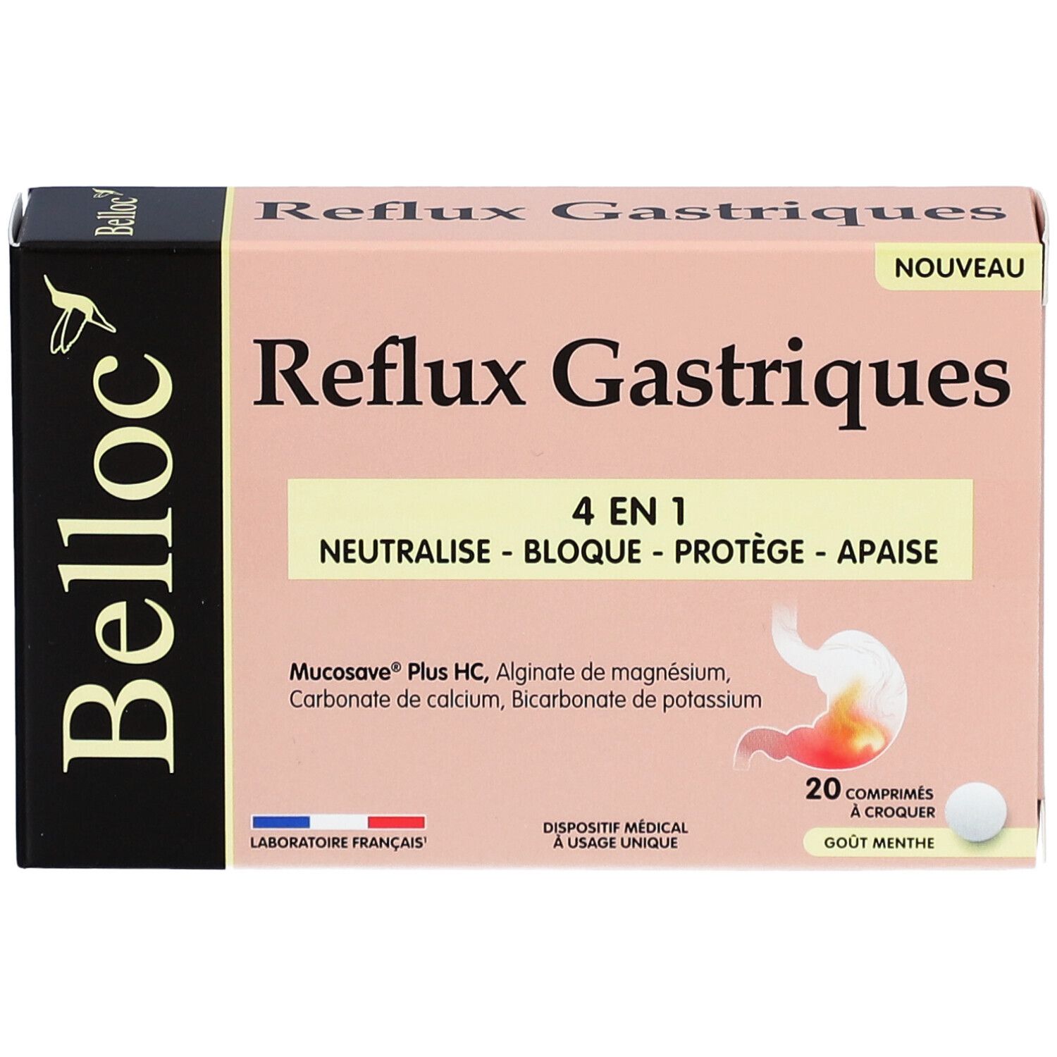 Boîte de BELLOC Reflux Gastriques 4 en 1 Comprimés. Boîte rose et blanche avec texte et logo. 20 comprimés.