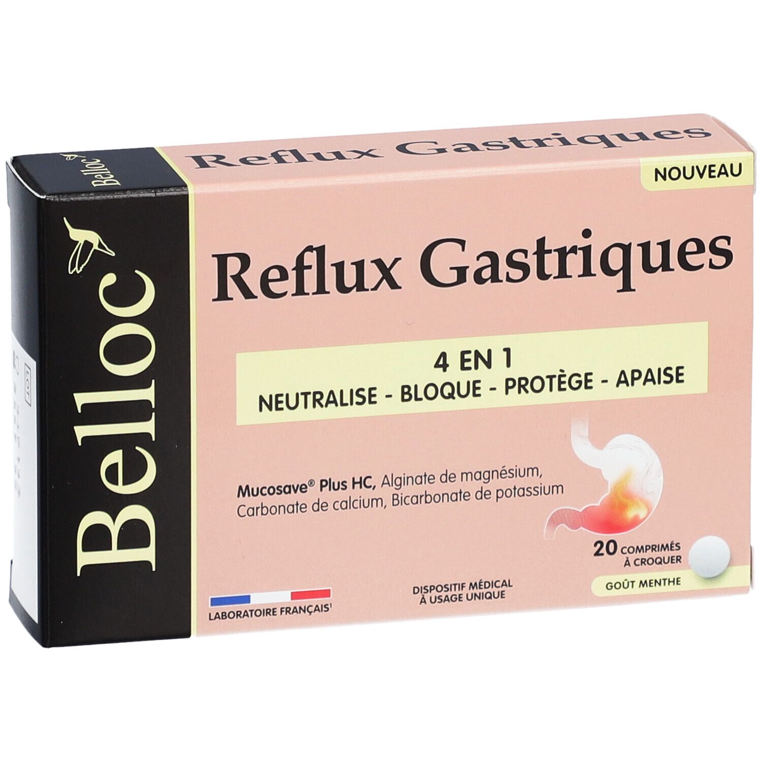 Boîte de BELLOC Reflux Gastriques 4 en 1 Comprimés. Boîte rose et blanche avec texte et logo. 20 comprimés.