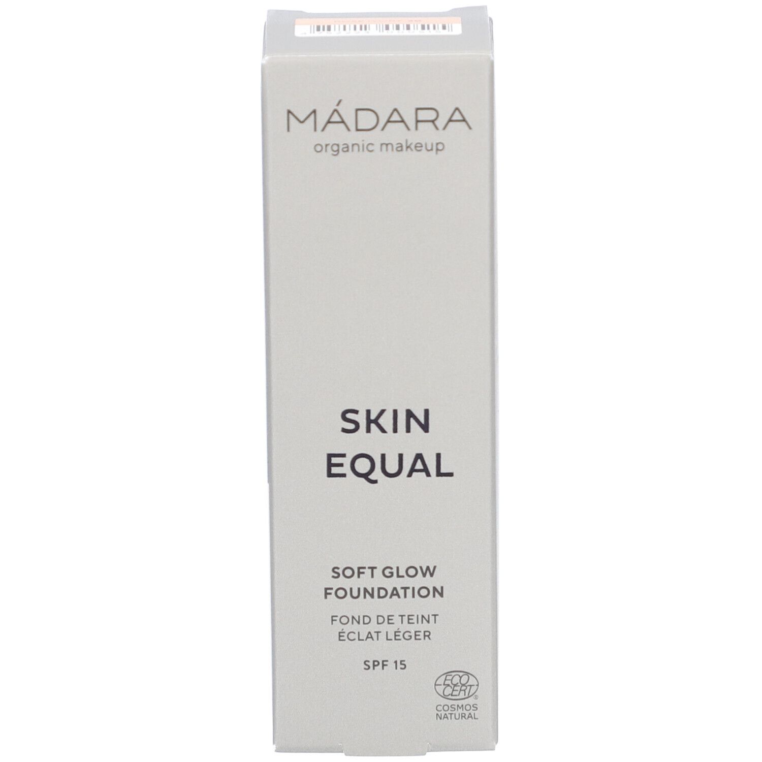 Karton mit Aufschrift: Skin Equal, Soft Glow Foundation, SPF 15. Cosmos Natural. Ohne Flasche.