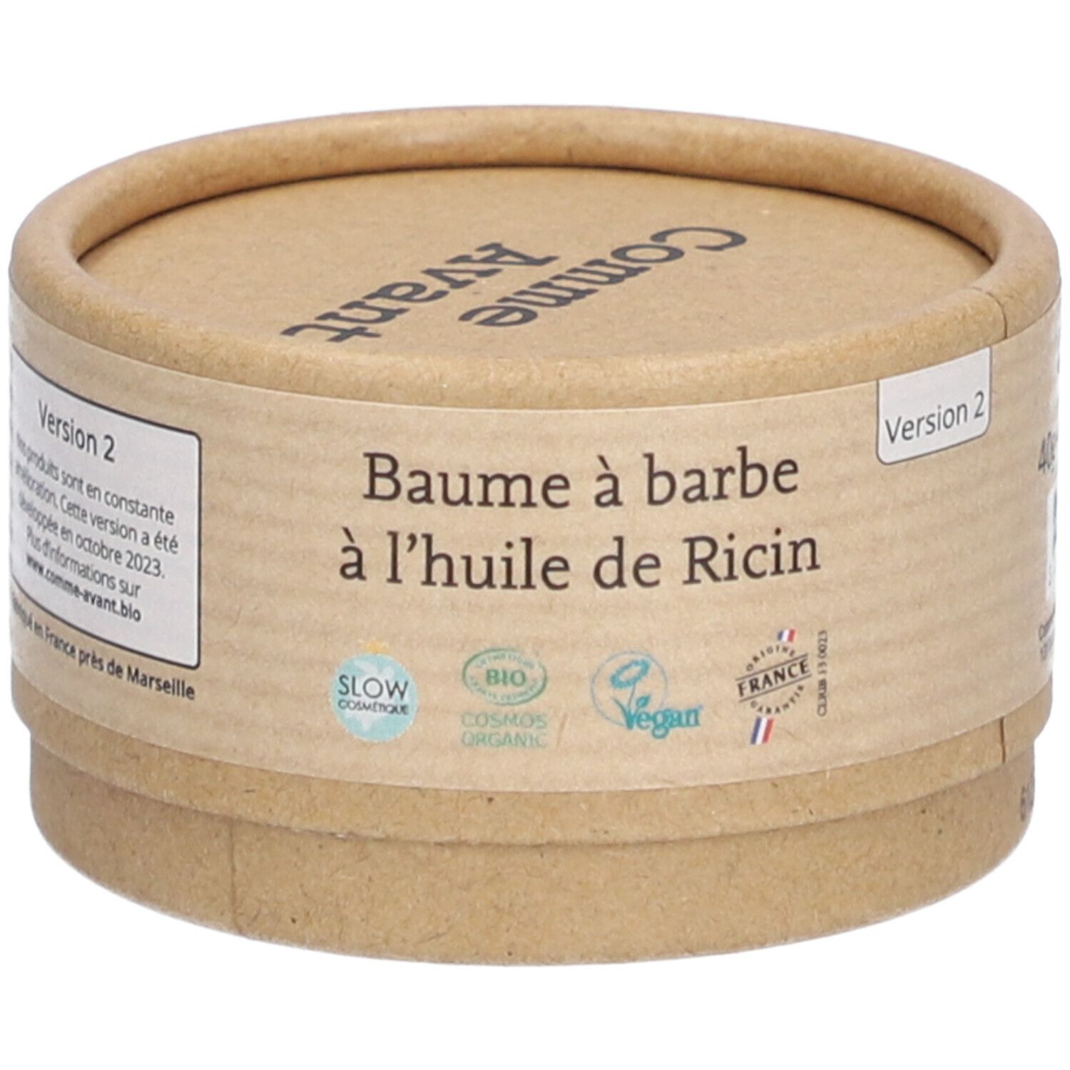 Runde Pappdose. Aufschrift: Baume à barbe à l'huile de Ricin. Logos: Slow cosmétique, Bio, Vegan, France.