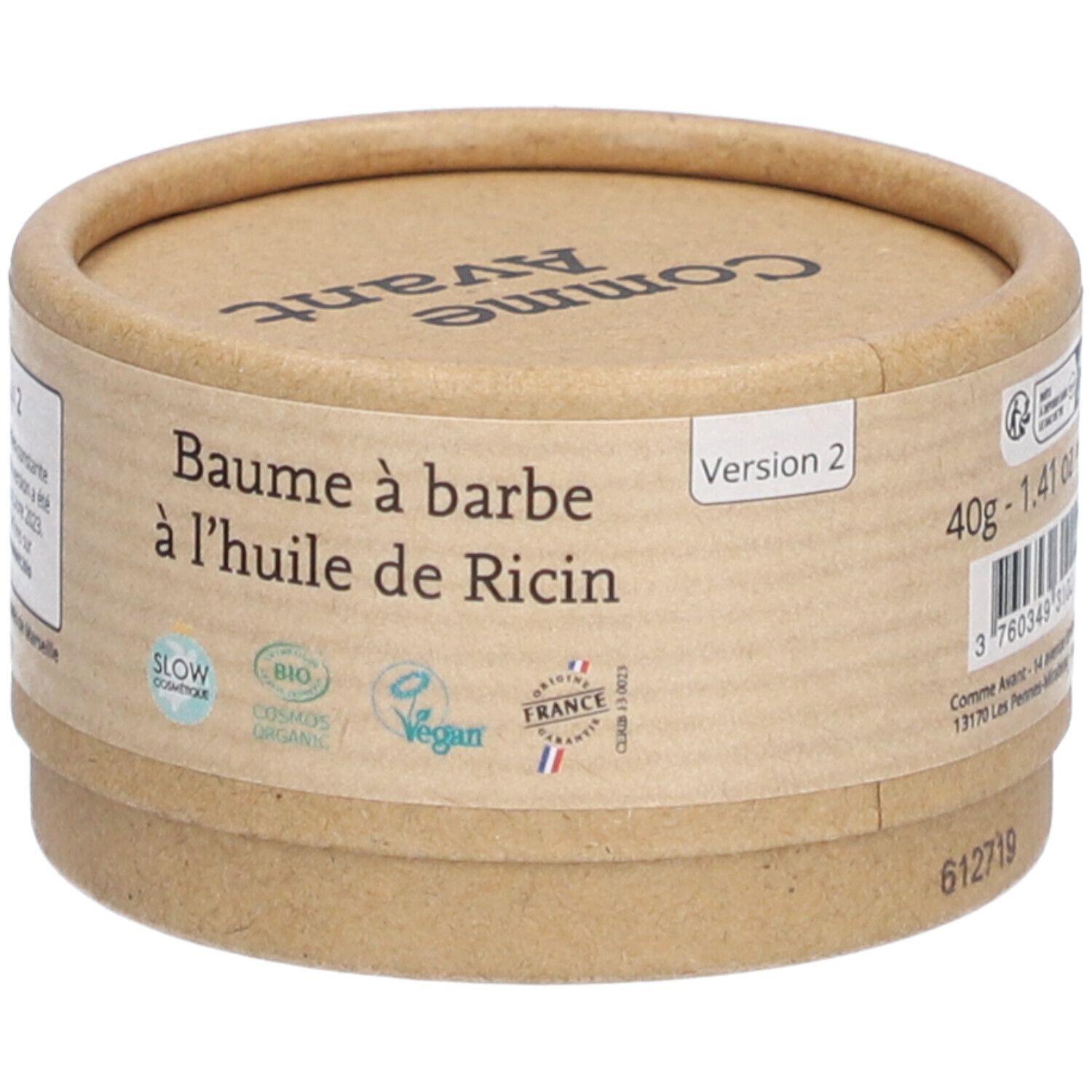 Runde Pappdose. Aufschrift: Baume à barbe à l'huile de Ricin. Logos: Slow cosmétique, Bio, Vegan, France. 40g.