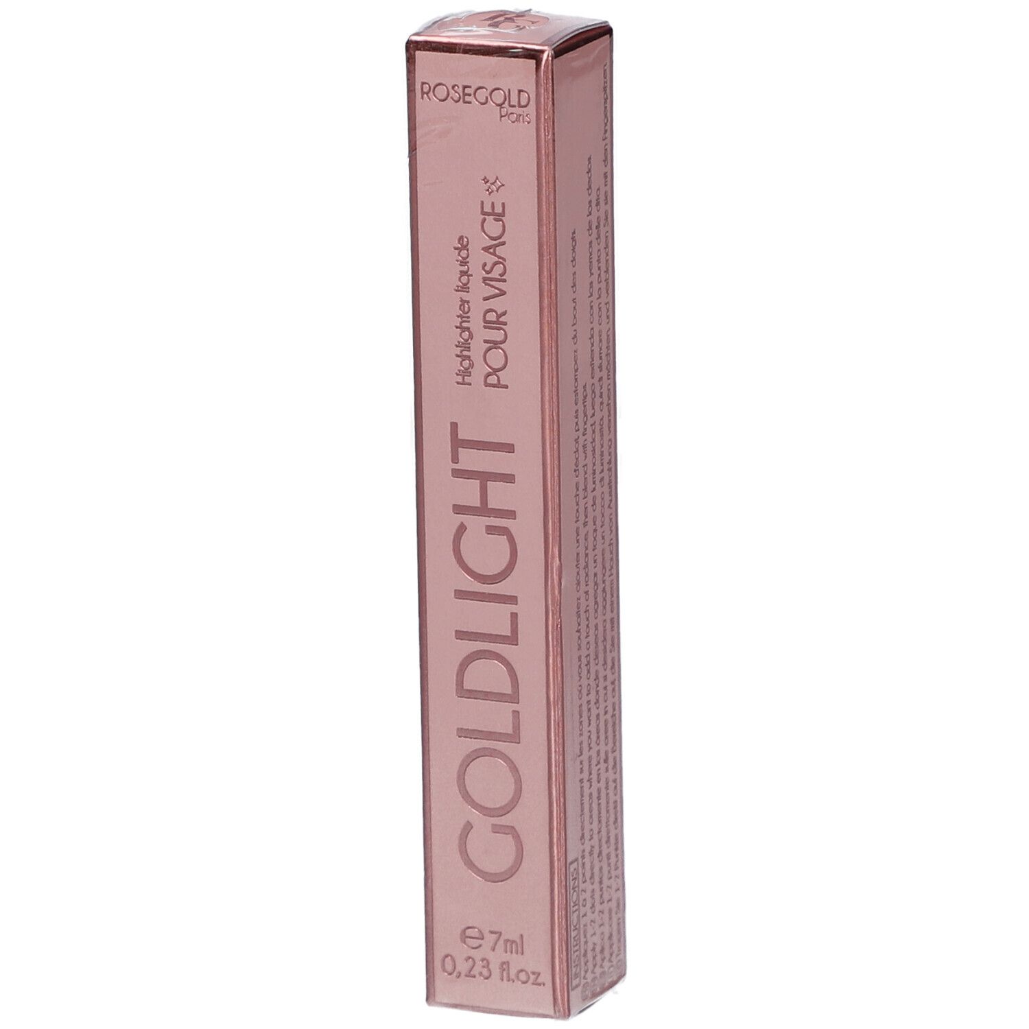Roségold Goldlight Highlighter-Verpackung. Rosa rechteckige Schachtel mit Produktnamen und Volumenangabe.