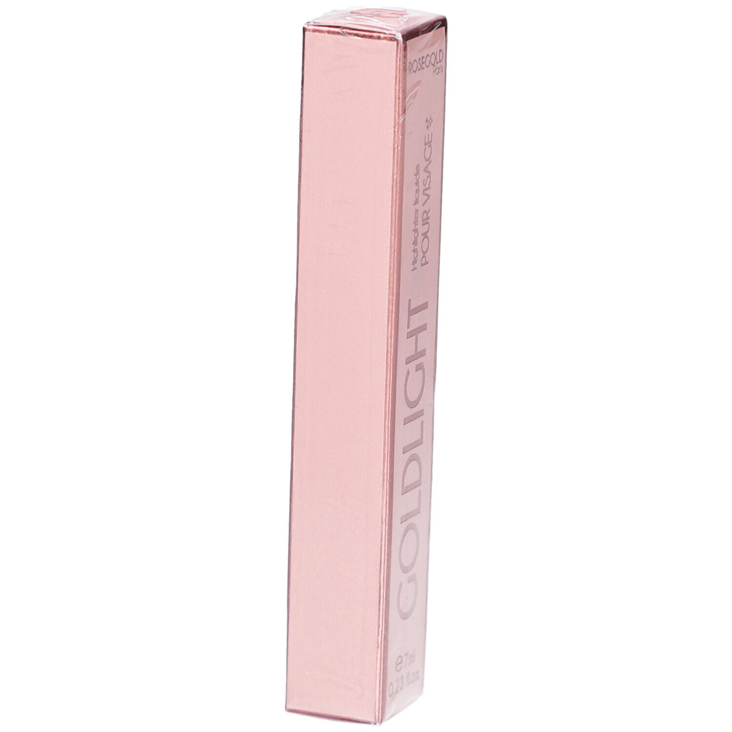 Roségold Goldlight Highlighter-Verpackung. Rosa rechteckige Schachtel, schräg gestellt.