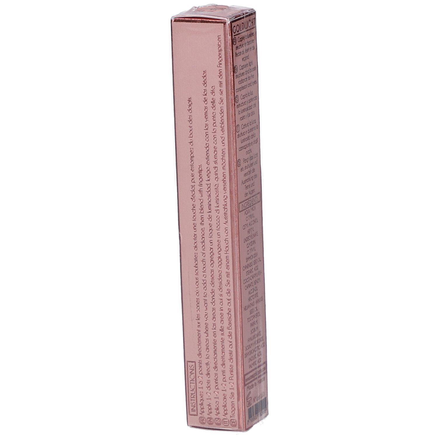 Seite der Roségold Goldlight Highlighter-Verpackung. Rosa Schachtel mit Text über Anwendung und Inhaltsstoffe.