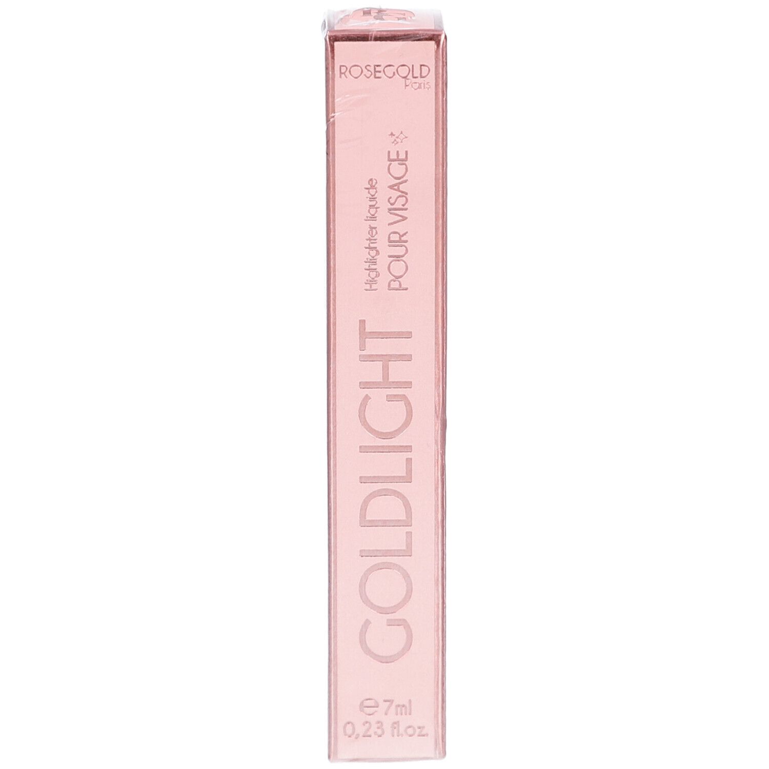 Roségold Goldlight Highlighter-Verpackung. Rosa rechteckige Schachtel mit Produktnamen und Volumenangabe.