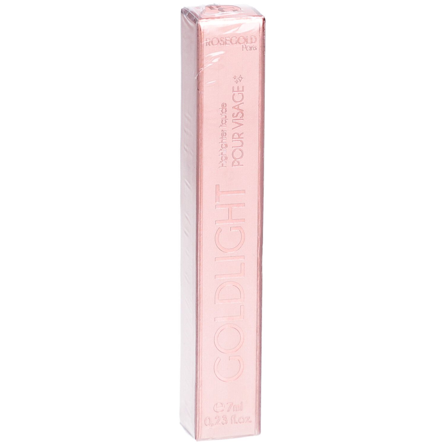Roségold Goldlight Highlighter-Verpackung. Rosa rechteckige Schachtel, in Folie verpackt.