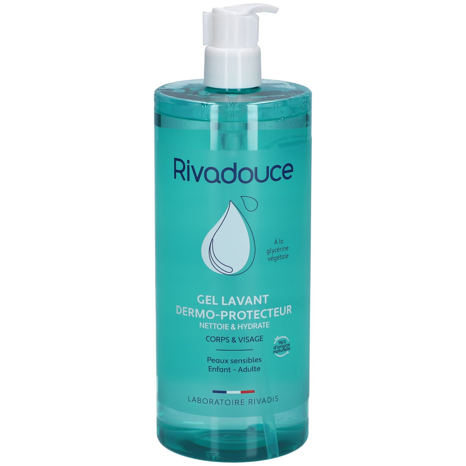 Flacon de RIVADOUCE Gel Lavant Dermo-Protecteur avec pompe. Turquoise, pompe blanche. Texte: Gel Lavant, Corps & Visage, Peaux sensibles.