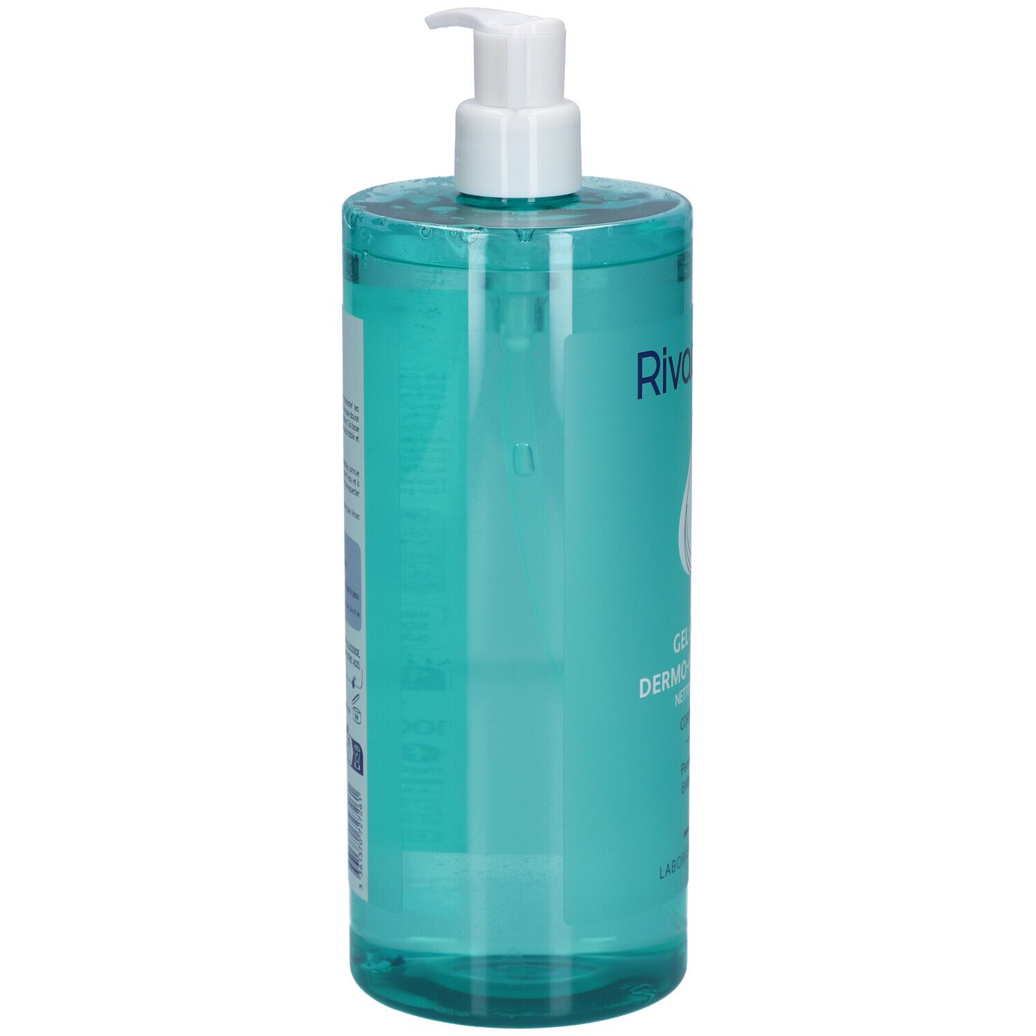 Flacon RIVADOUCE Gel Lavant Dermo-Protecteur, vue latérale. Turquoise, pompe blanche. Étiquette avec texte.