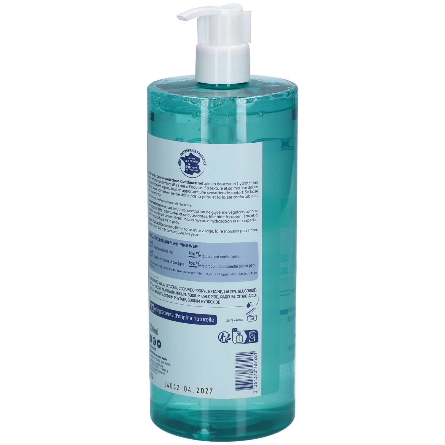 Dos du flacon RIVADOUCE Gel Lavant Dermo-Protecteur. Turquoise, pompe blanche. Étiquette avec texte, ingrédients, logos.