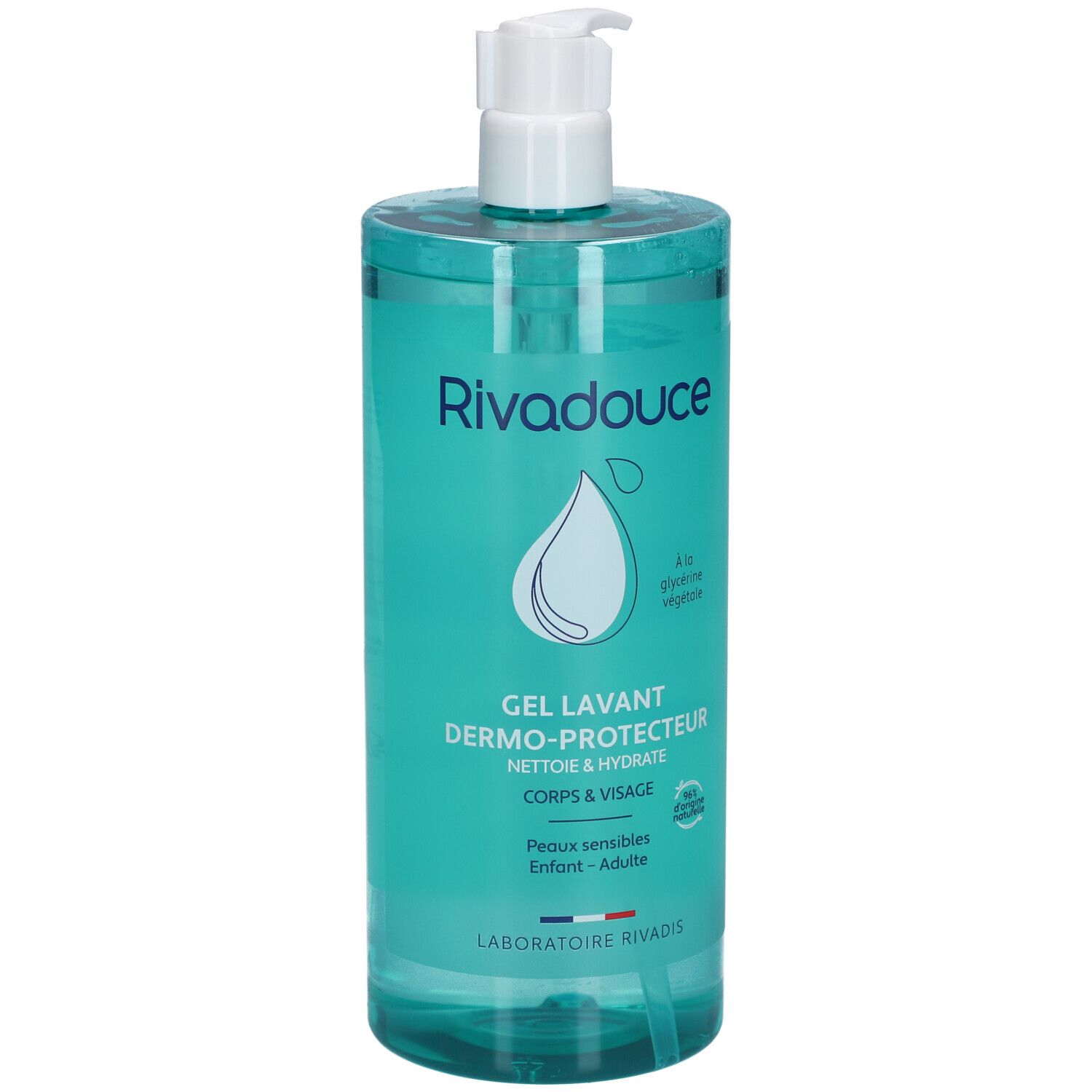 Flacon de RIVADOUCE Gel Lavant Dermo-Protecteur avec pompe. Turquoise, pompe blanche. Texte: Gel Lavant, Corps & Visage, Peaux sensibles.
