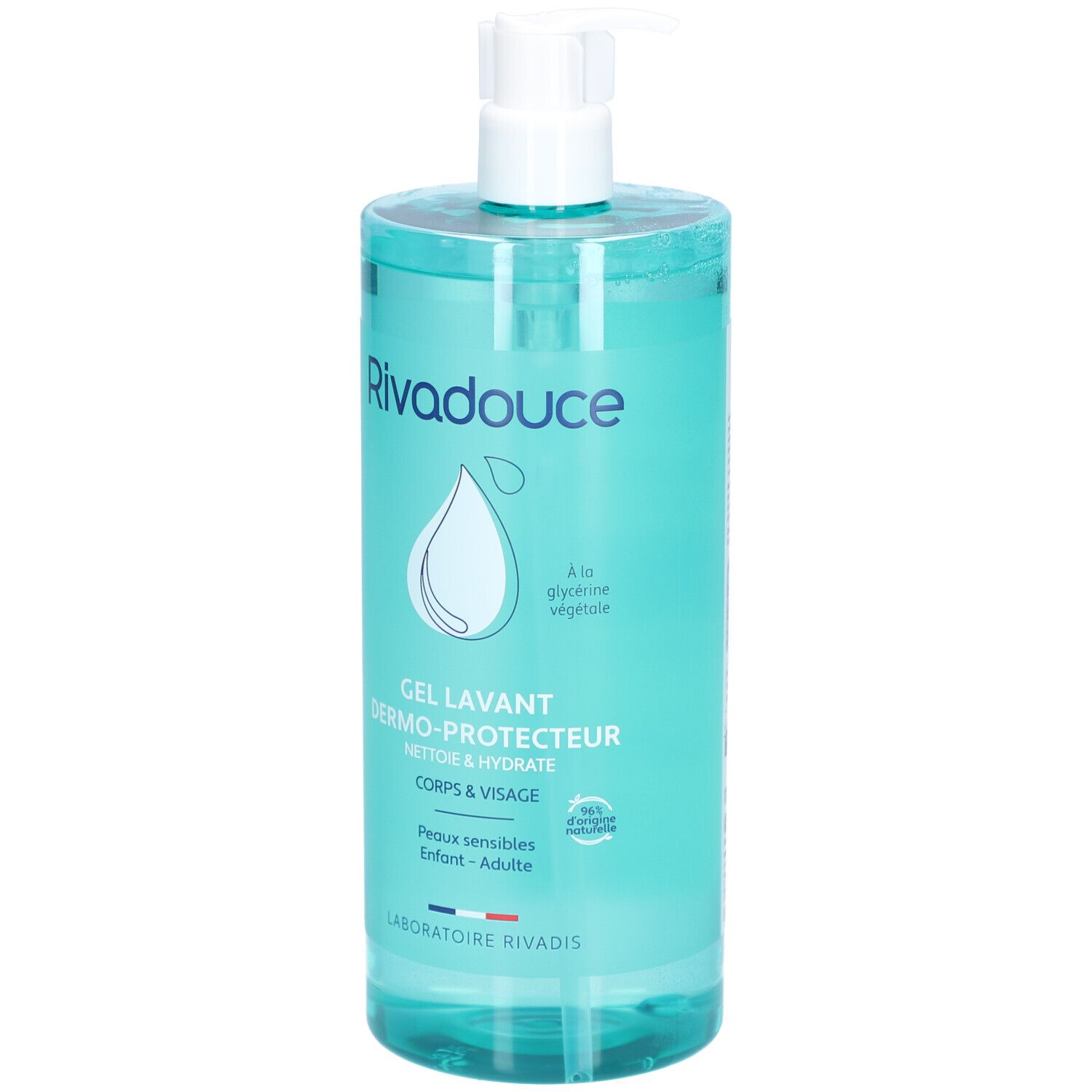 Flacon de RIVADOUCE Gel Lavant Dermo-Protecteur avec pompe. Turquoise, pompe blanche. Texte: Gel Lavant, Corps & Visage, Peaux sensibles.