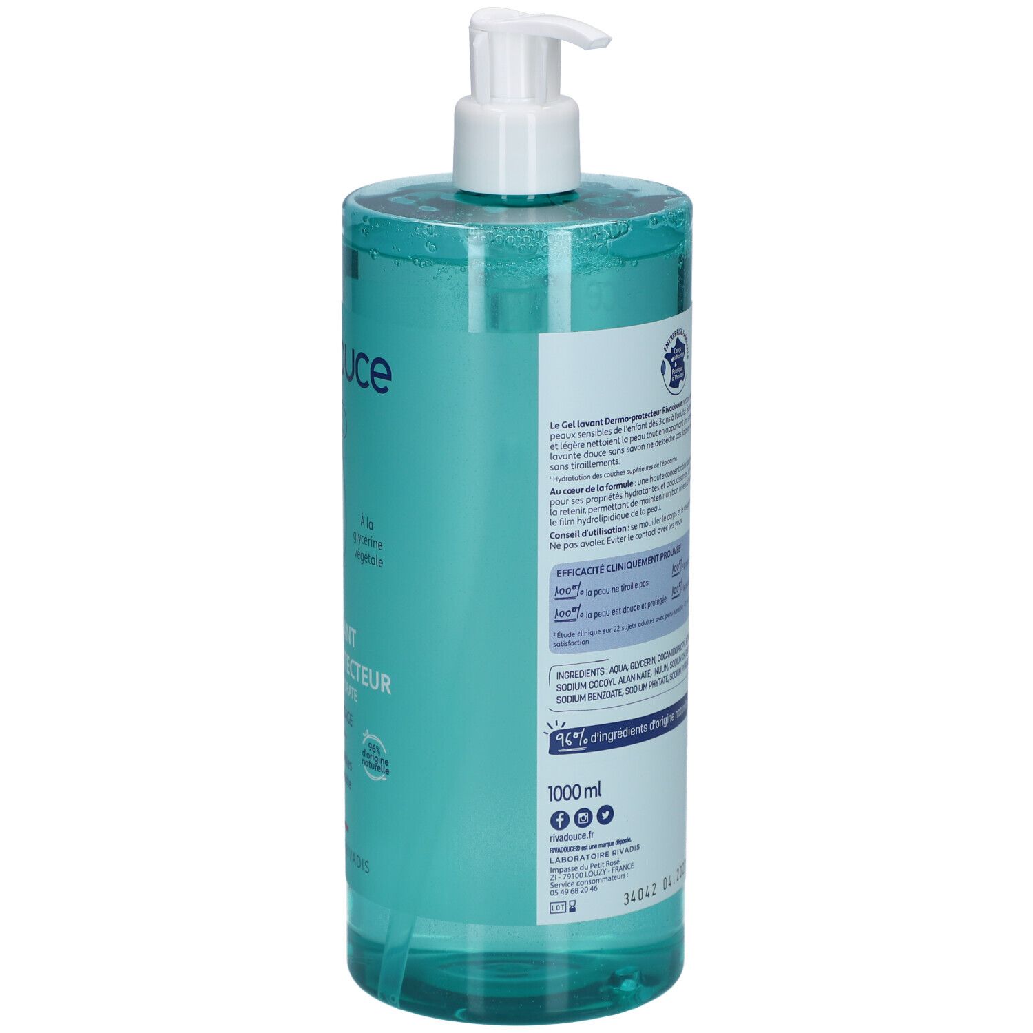 Dos du flacon RIVADOUCE Gel Lavant Dermo-Protecteur. Turquoise, pompe blanche. Étiquette avec texte, ingrédients, logos.
