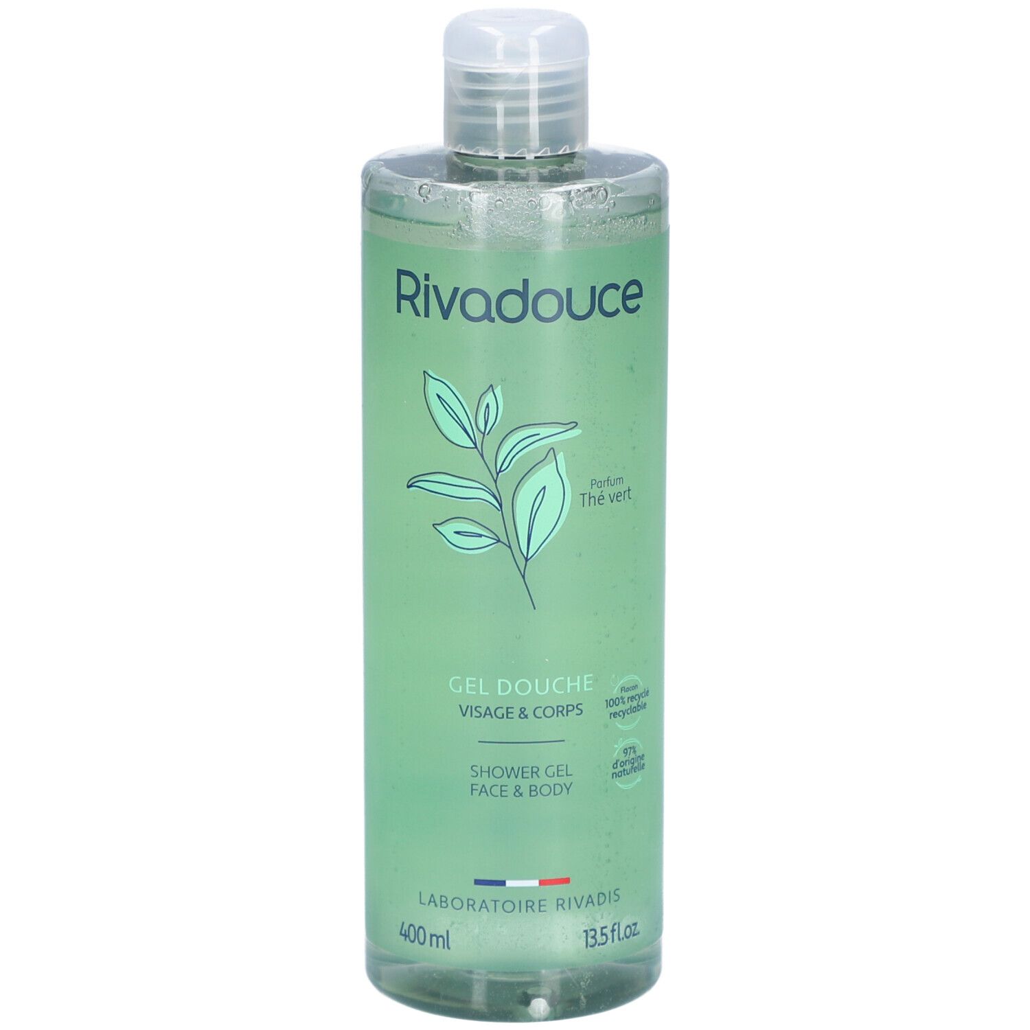 Gel douche Rivadouce, liquide vert en flacon. Inscription: Thé Vert Visage & Corps. Avec des feuilles vertes.