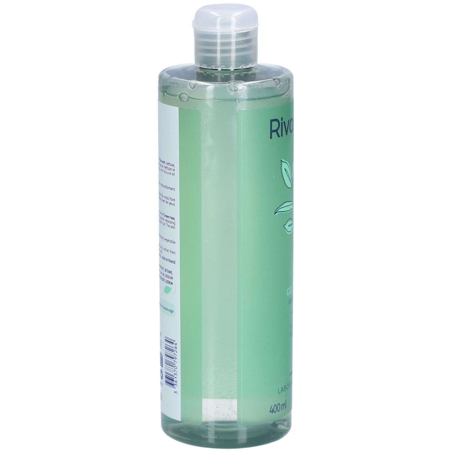 Flacon de gel douche Rivadouce, liquide vert. Inscription: Thé Vert. Dos avec texte et code-barres.